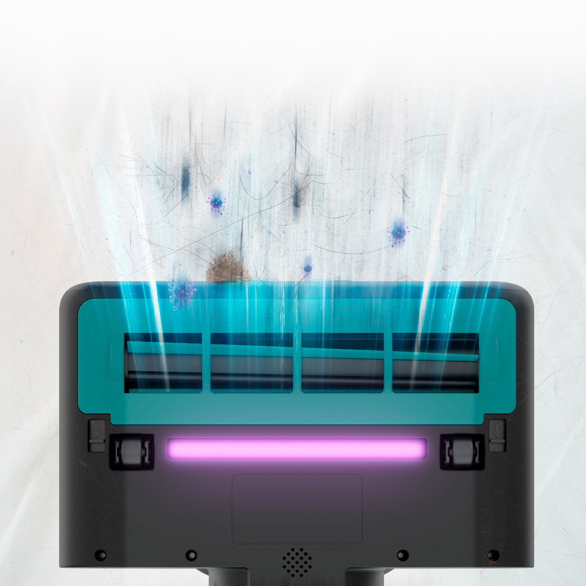 Parte inferiore di un aspirapolvere con luce UV che rimuove germi e sporco su una superficie sporca.