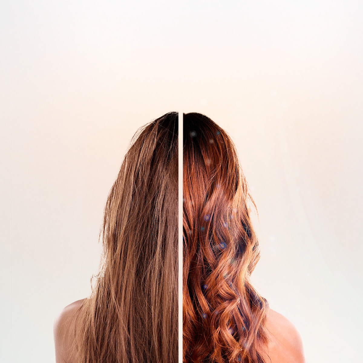 Comparación de antes y después del cabello de mujer: la izquierda es encrespada, la derecha brillante.