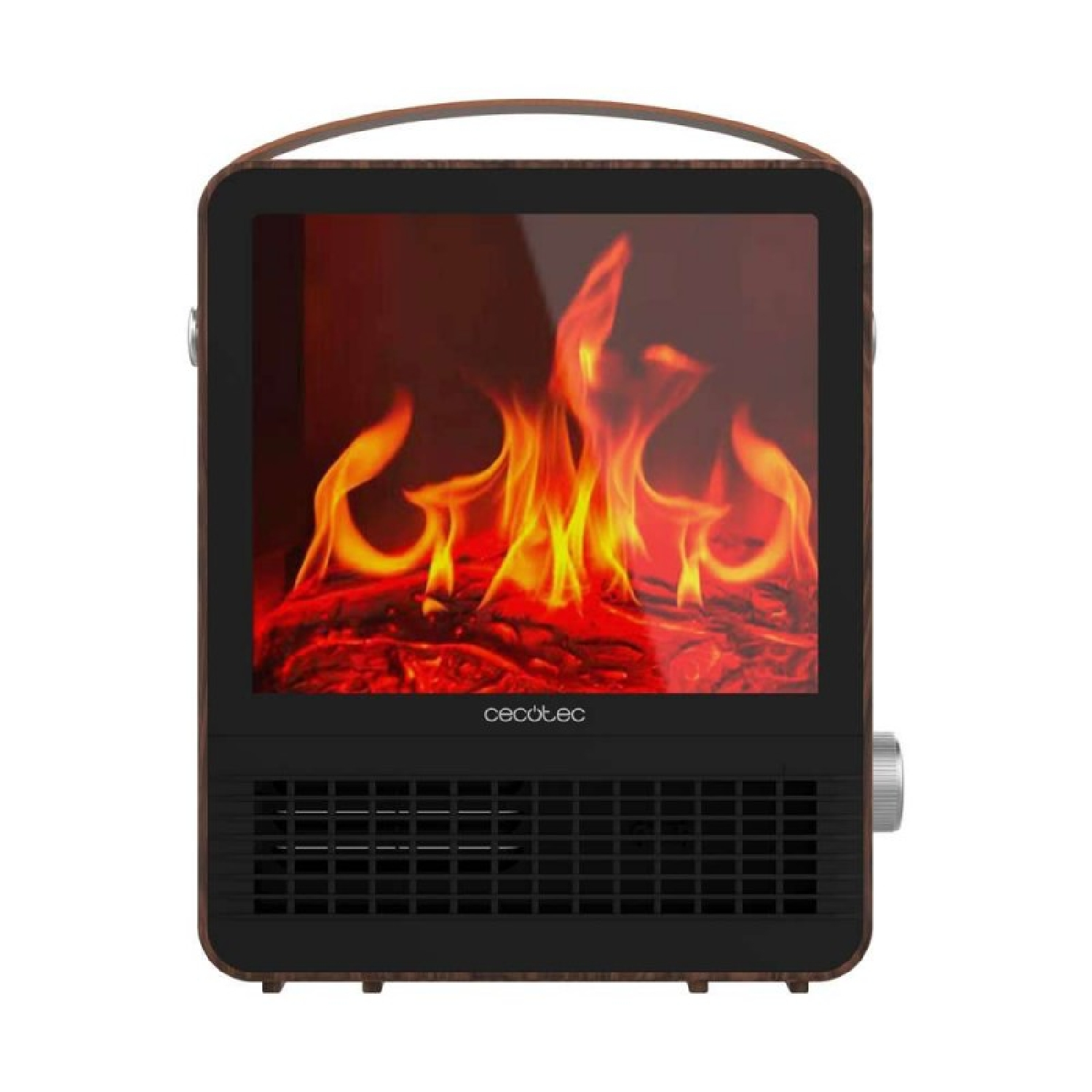 Stufetta elettrica portatile con effetto fiamma di camino e display.