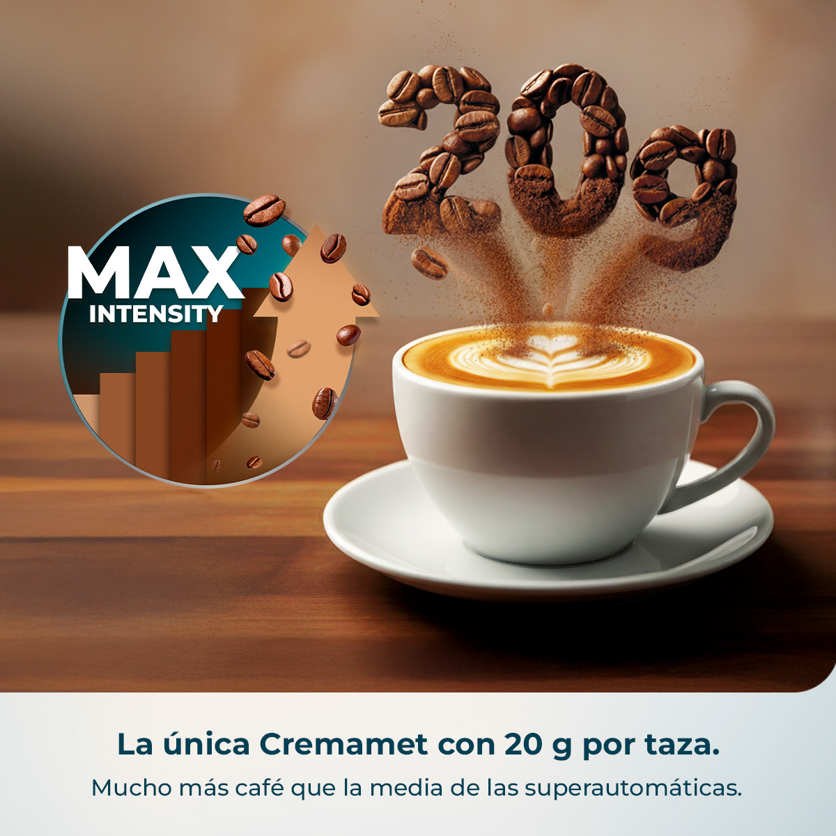 Una tazza di caffè bianca su un piattino, con la scritta "20g" di chicchi di caffè sopra e il logo "Max Intensity".