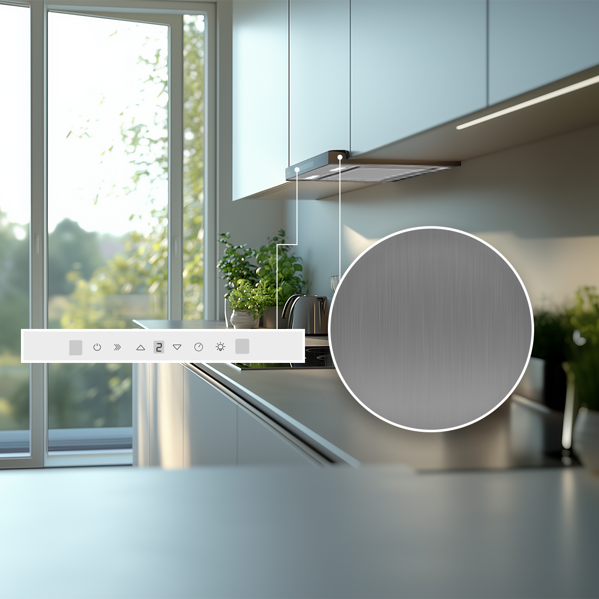 Cocina moderna con campana extractora, panel de control y primer plano de superficie de acero inoxidable.