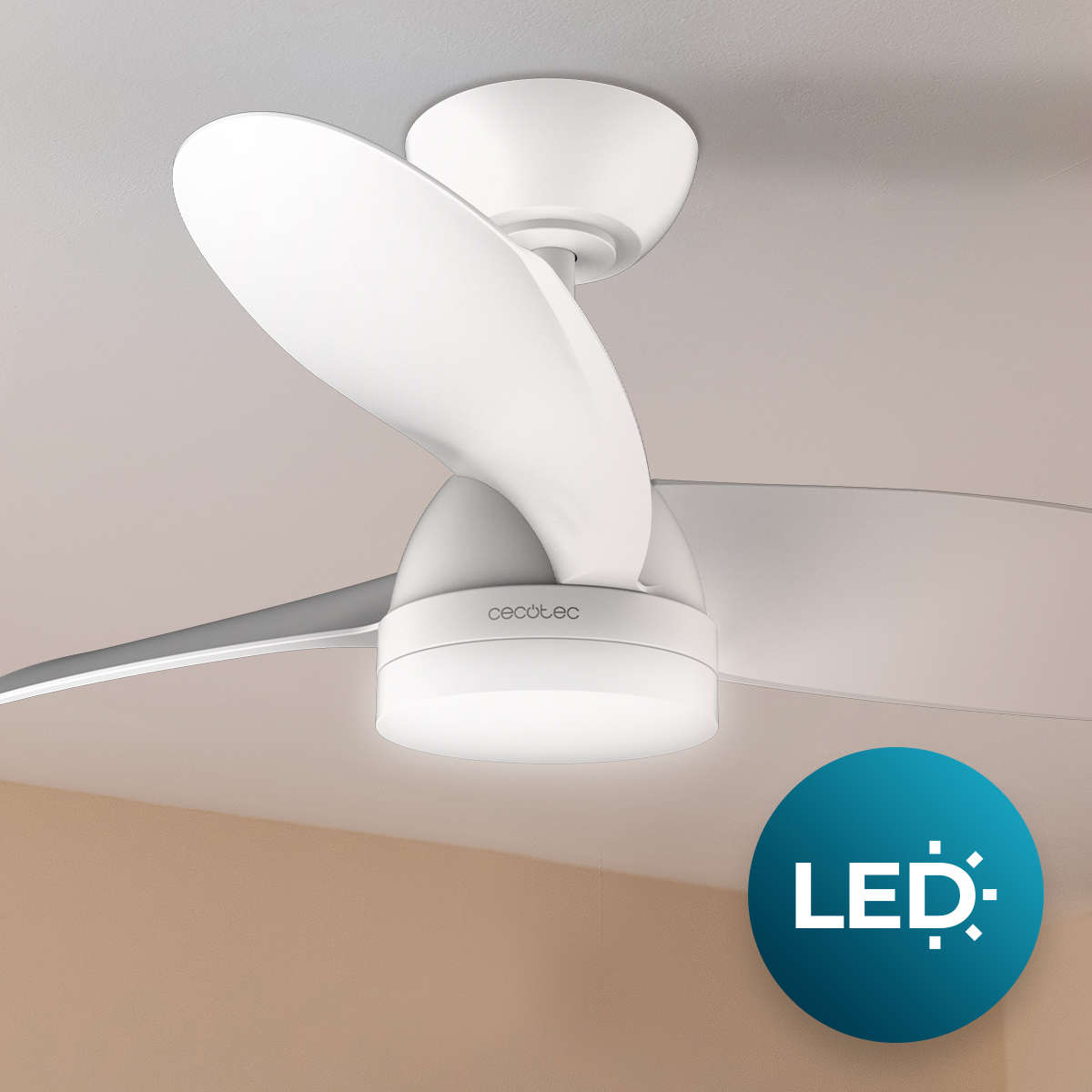 Ventilatore da soffitto bianco con luce LED integrata su soffitto chiaro.