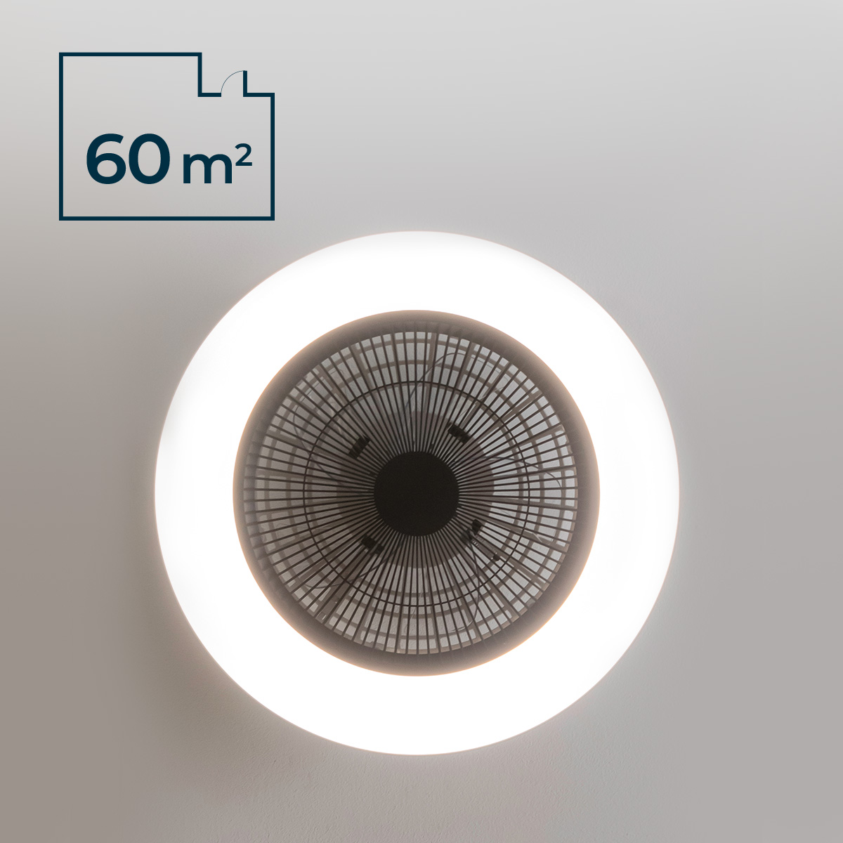 Una lámpara de techo redonda con ventilador integrado y un símbolo de 60 m² en la esquina.
