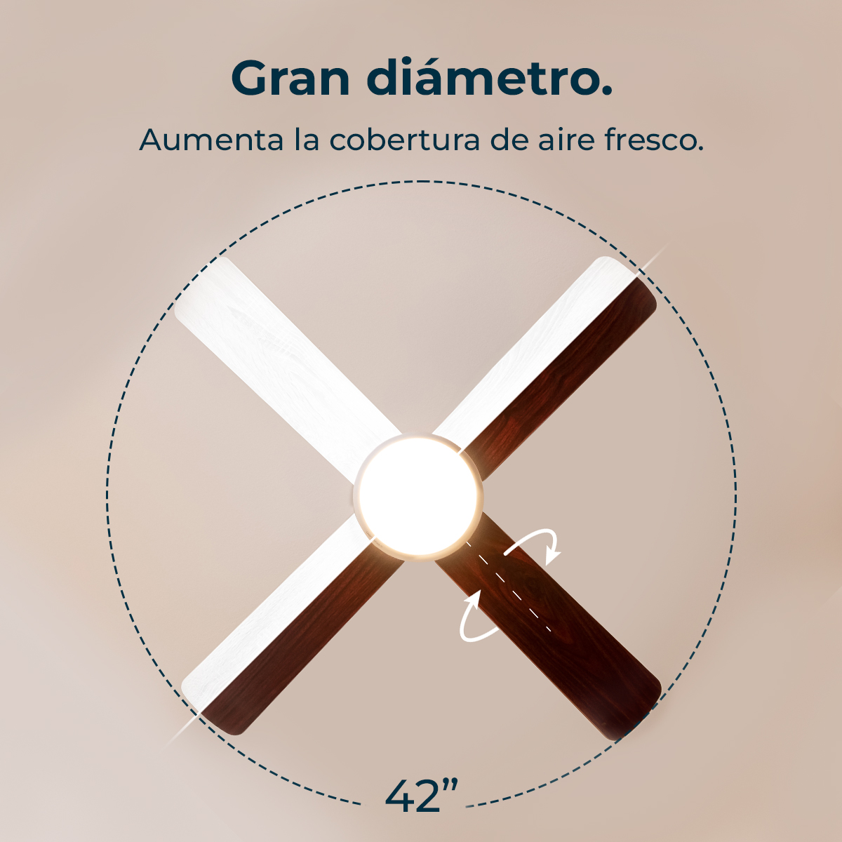 Un ventilatore da soffitto da 42 pollici con quattro pale bicolore e luce centrale.