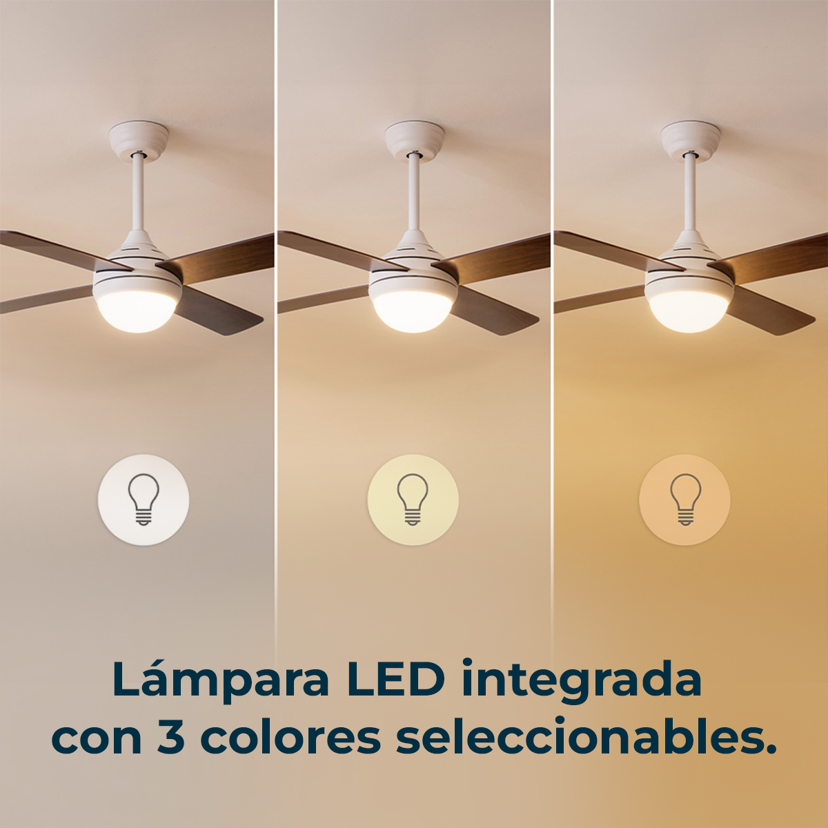 Ventilatore da soffitto con luce LED integrata in tre diverse temperature.