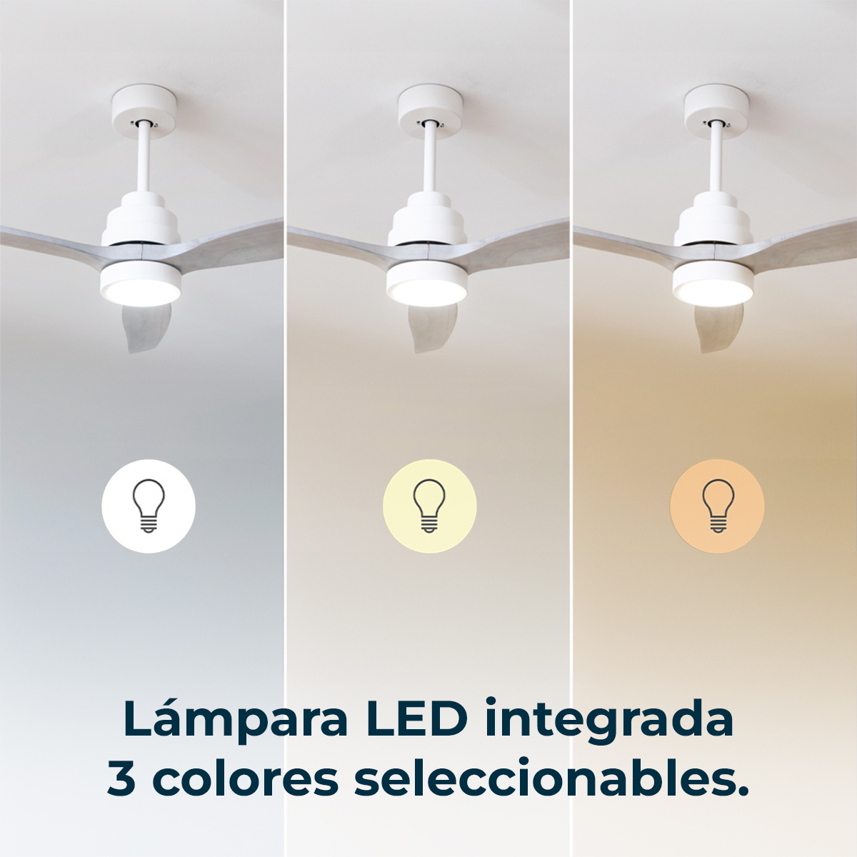 Drei weiße Deckenventilatoren mit integriertem LED-Licht zeigen verschiedene Farbtemperaturen.