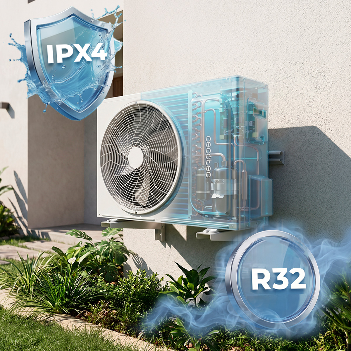 Zewnętrzna jednostka klimatyzacyjna na ścianie z tarczą IPX4 i grafiką R32, otoczona roślinami i trawą.