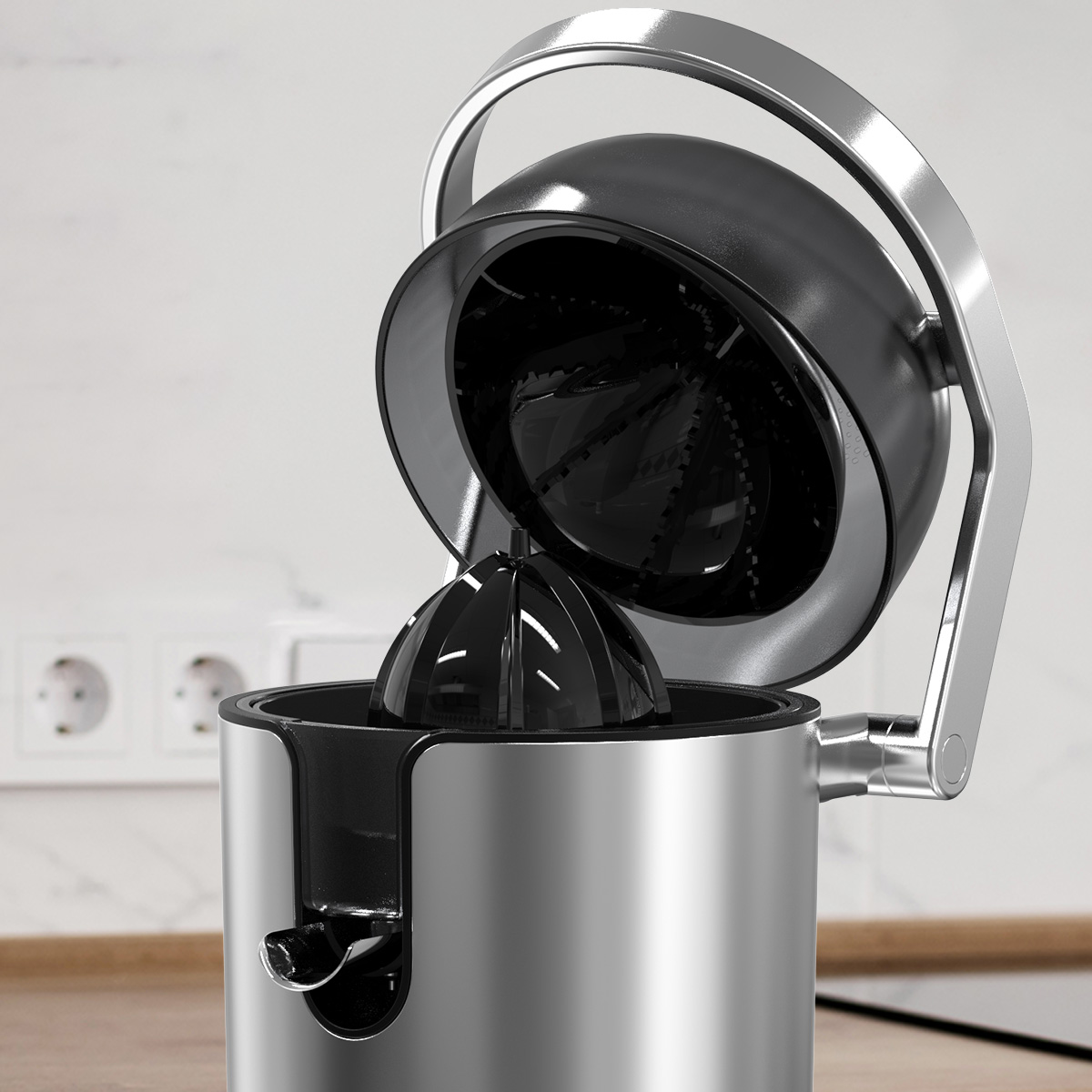 Exprimidor de cítricos plateado moderno con tapa abierta y cono negro en la cocina.