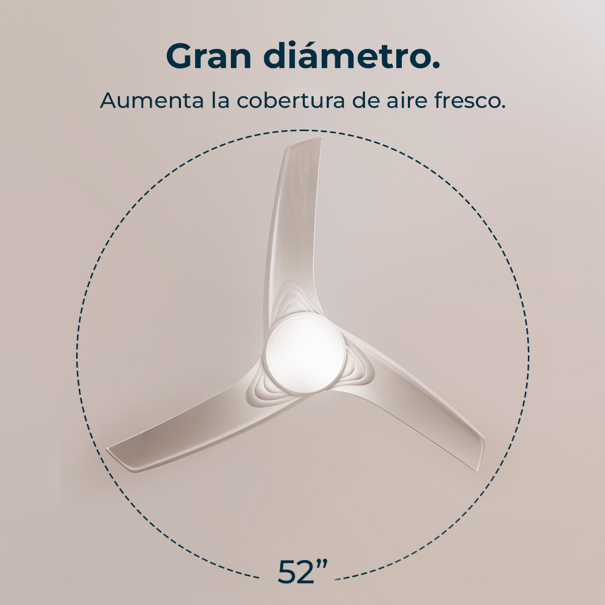 Ein 52-Zoll-Deckenventilator mit drei hellen Rotorblättern und beleuchteter Mitte vor hellem Hintergrund.