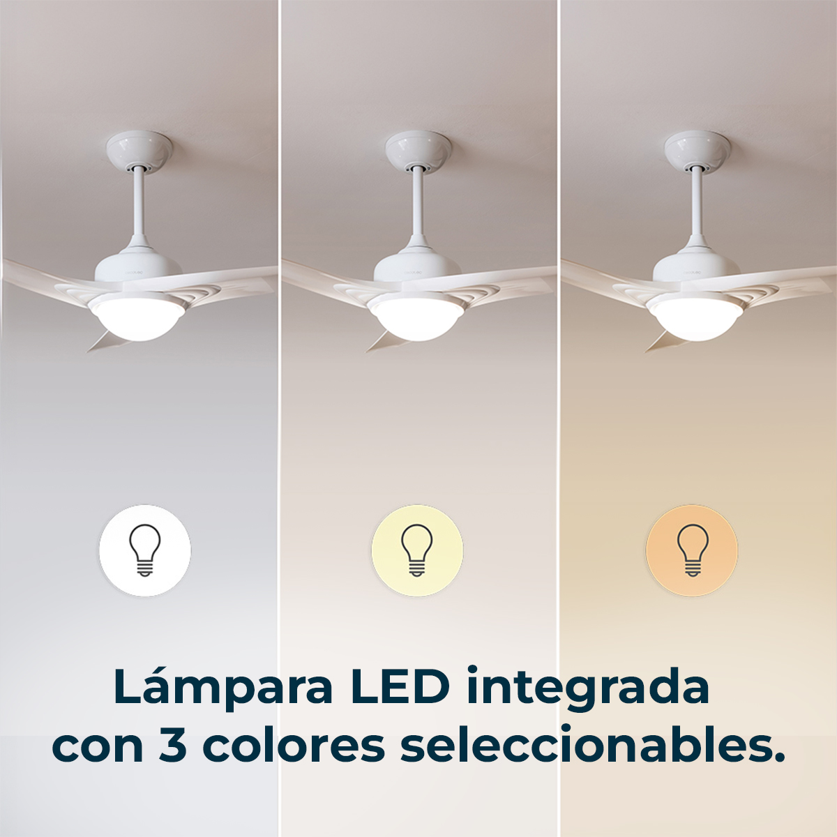 Weißer Deckenventilator mit integriertem LED-Licht und drei wählbaren Farbtemperaturen.