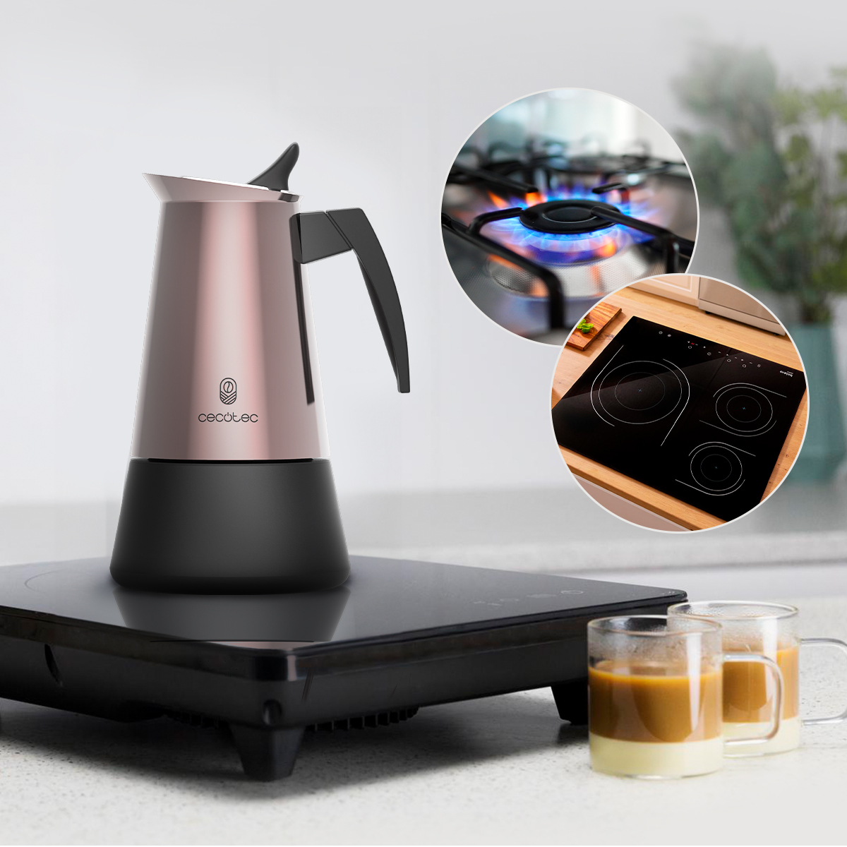 Una cafetera de oro rosa y negro sobre una placa de inducción con dos tazas y dos imágenes de tipos de estufas.