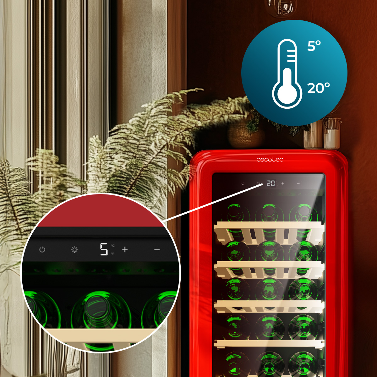 Una cantinetta per vino rossa con porta in vetro e ripiani in legno, display digitale e temperatura da 5 a 20 gradi.