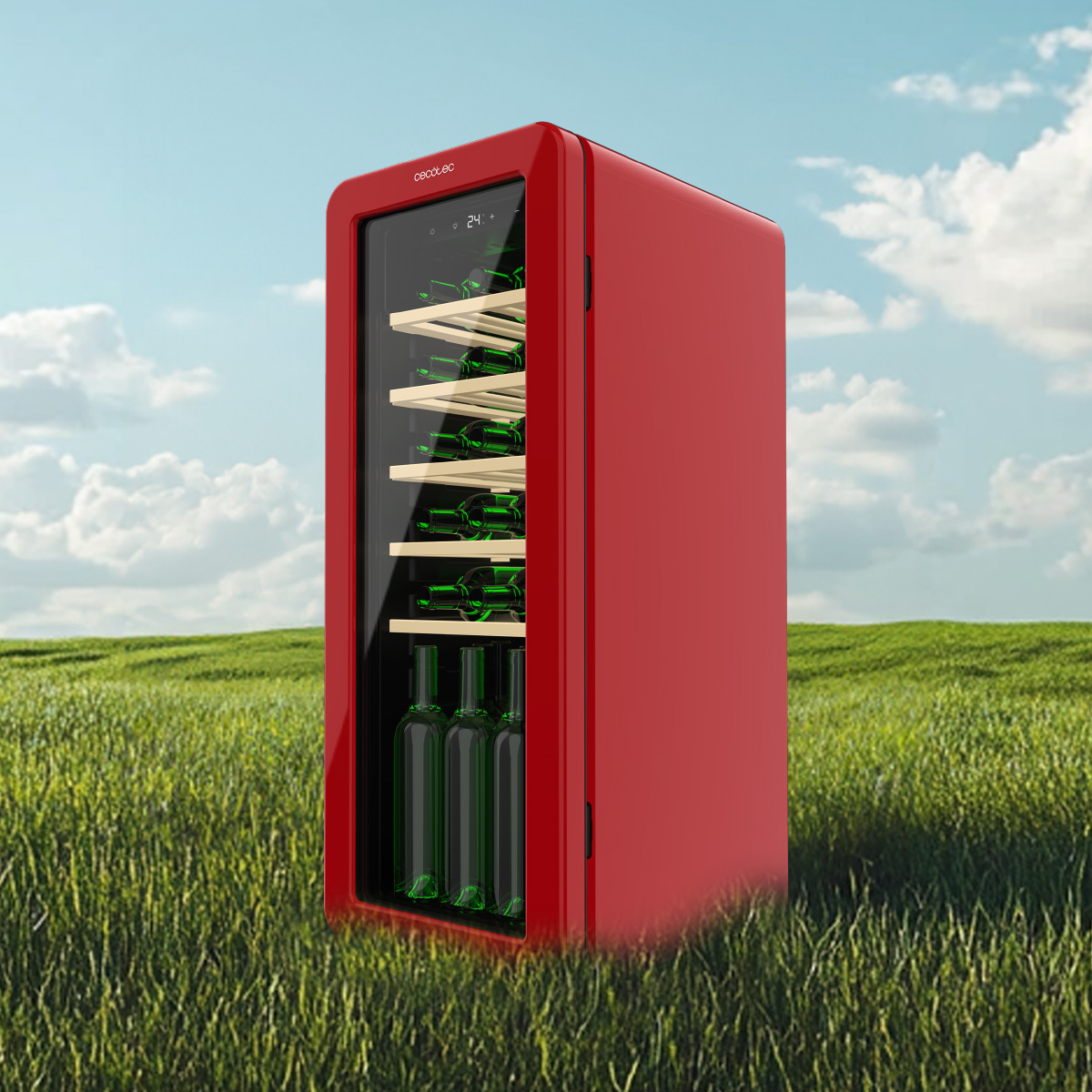 Una cantinetta per vini rossa con porta in vetro si trova sull'erba sotto un cielo nuvoloso.