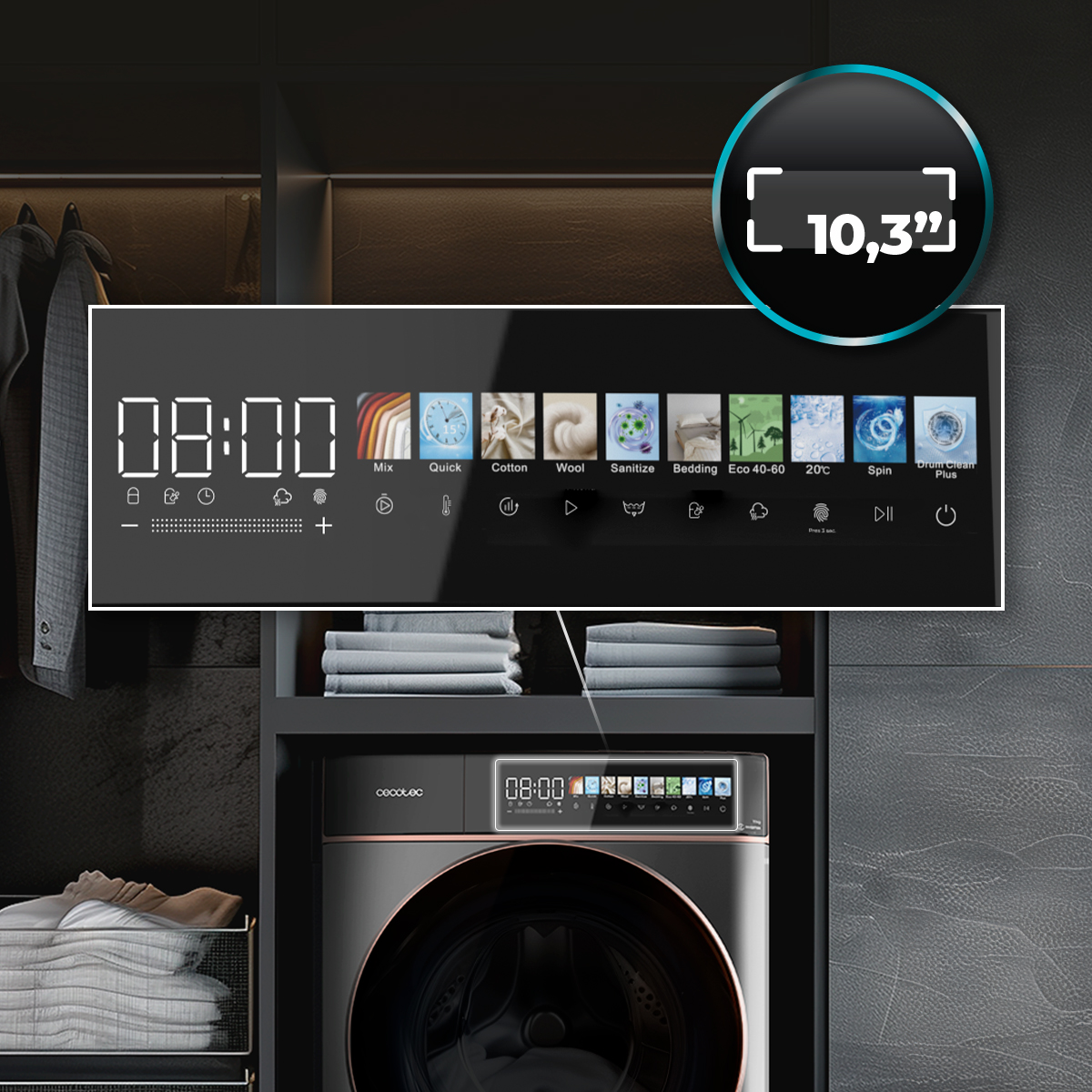 Lavadora moderna con un gran panel de control táctil de 10.3 pulgadas y varios programas.