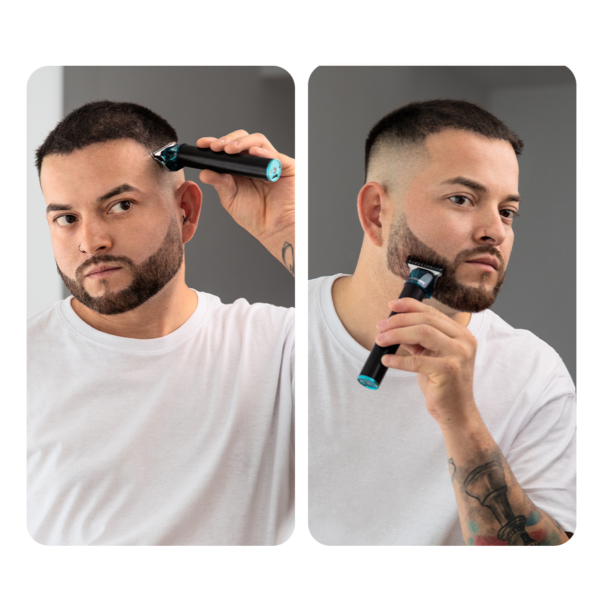 Un uomo con una maglietta bianca si taglia i capelli e rifinisce la barba con un rasoio elettrico.