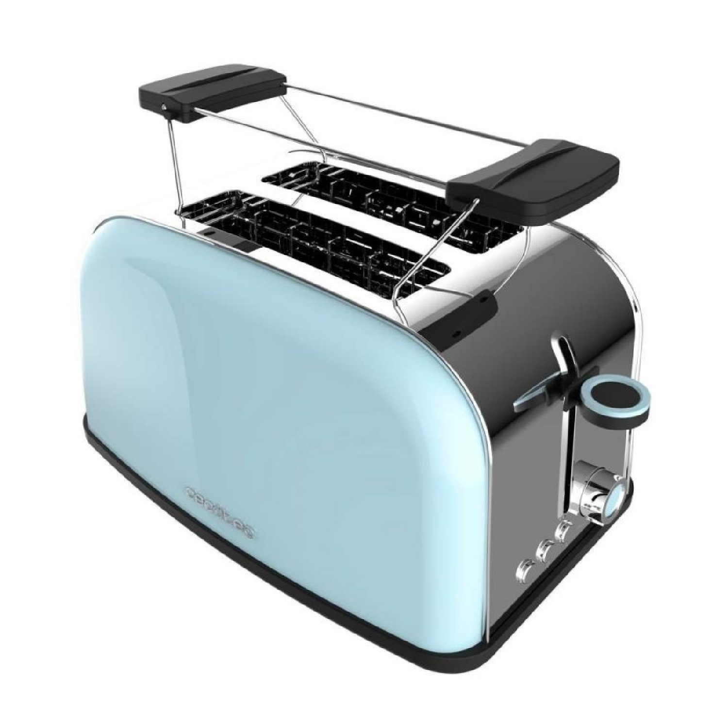 Un tostapane azzurro e argento a due fessure con griglia scalda brioche.