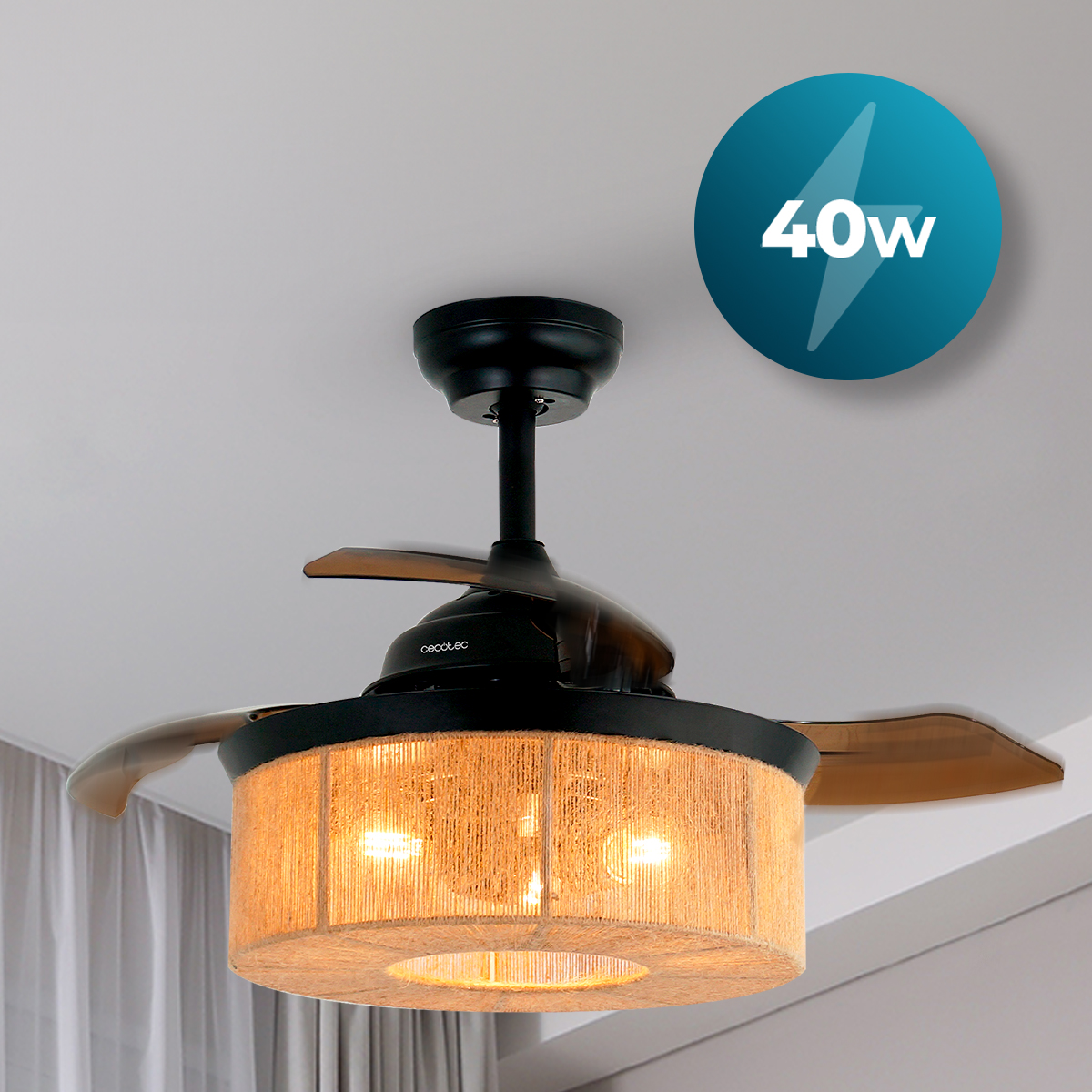 Ventilatore da soffitto nero con luce integrata in un paralume in iuta, accanto a un'icona da 40W.
