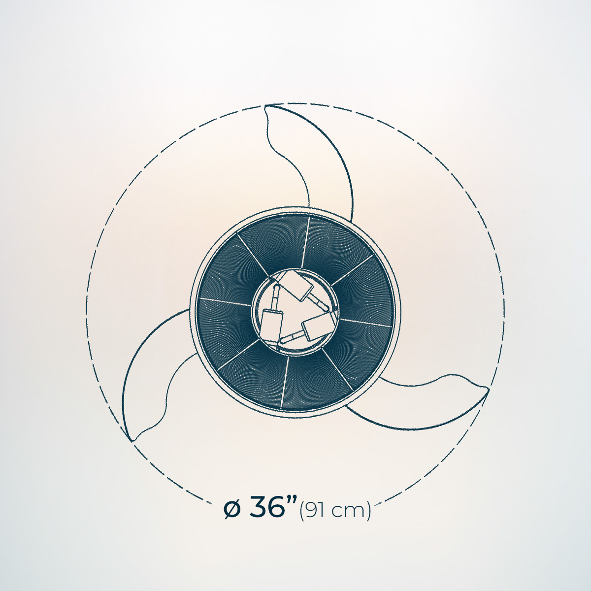 Disegno tecnico di un ventilatore da soffitto con un diametro di 36 pollici.