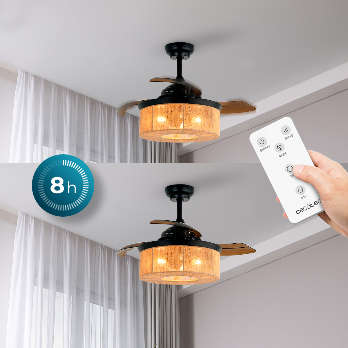 Ventilatore da soffitto con paralume e telecomando davanti a una tenda bianca.