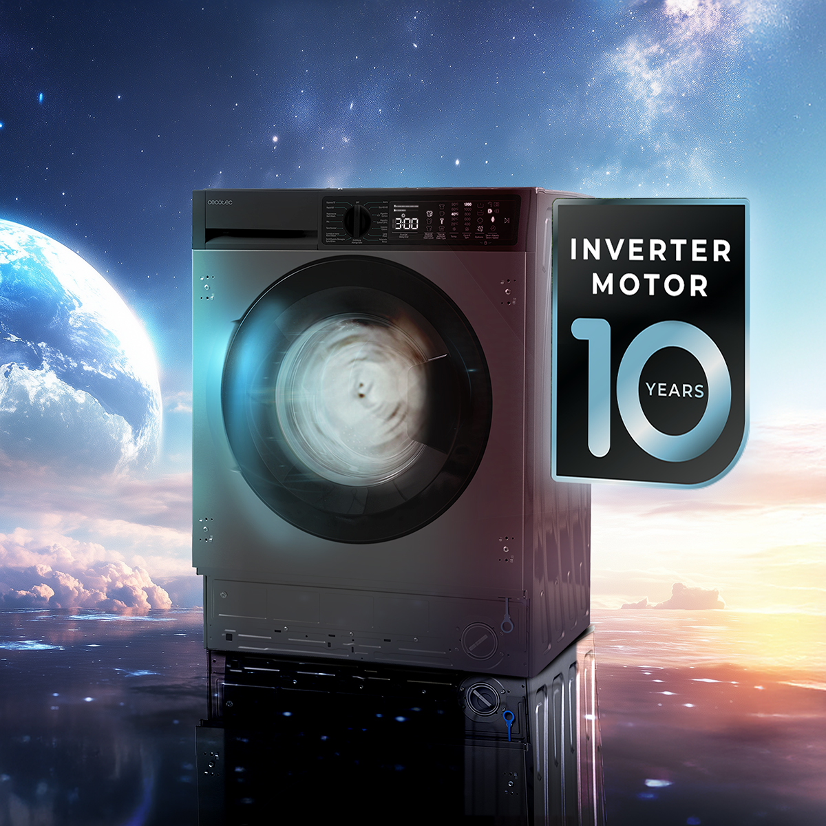 Una lavadora negra sobre un fondo espacial con la Tierra y un sello de 10 años de garantía para el motor Inverter.