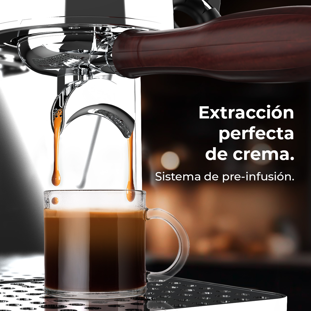 Cafetera exprés vertiendo café en una taza de vidrio, con texto en español a la derecha.