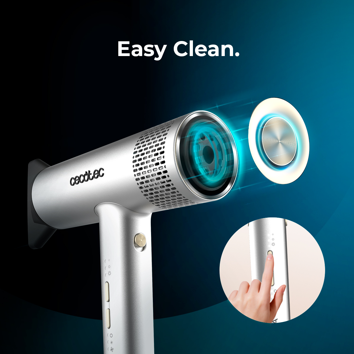 Secador de pelo plateado Cecotec con filtro extraíble y control táctil abajo.