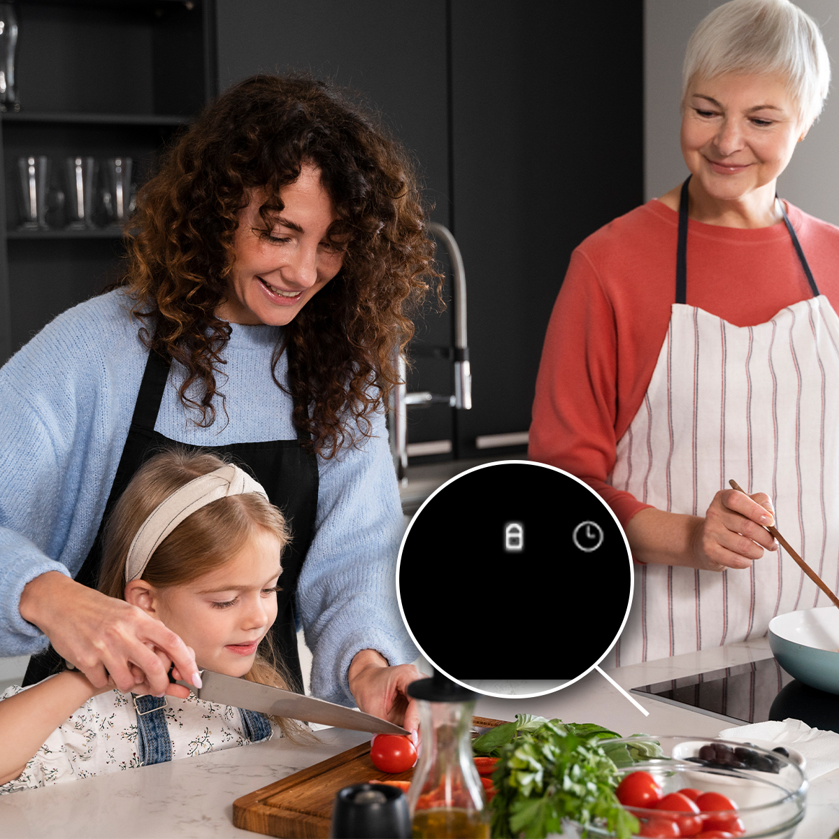 Tres mujeres cocinan juntas en una cocina moderna. Un recuadro muestra los controles de la placa.
