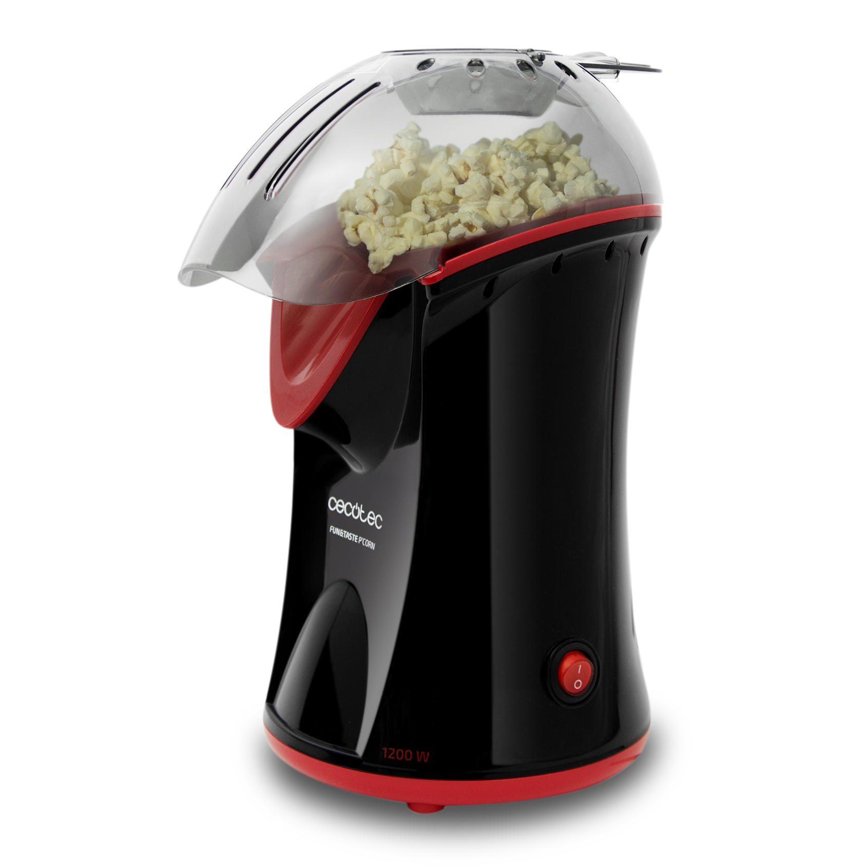 Una macchina per popcorn nera e rossa con coperchio trasparente pieno di popcorn.