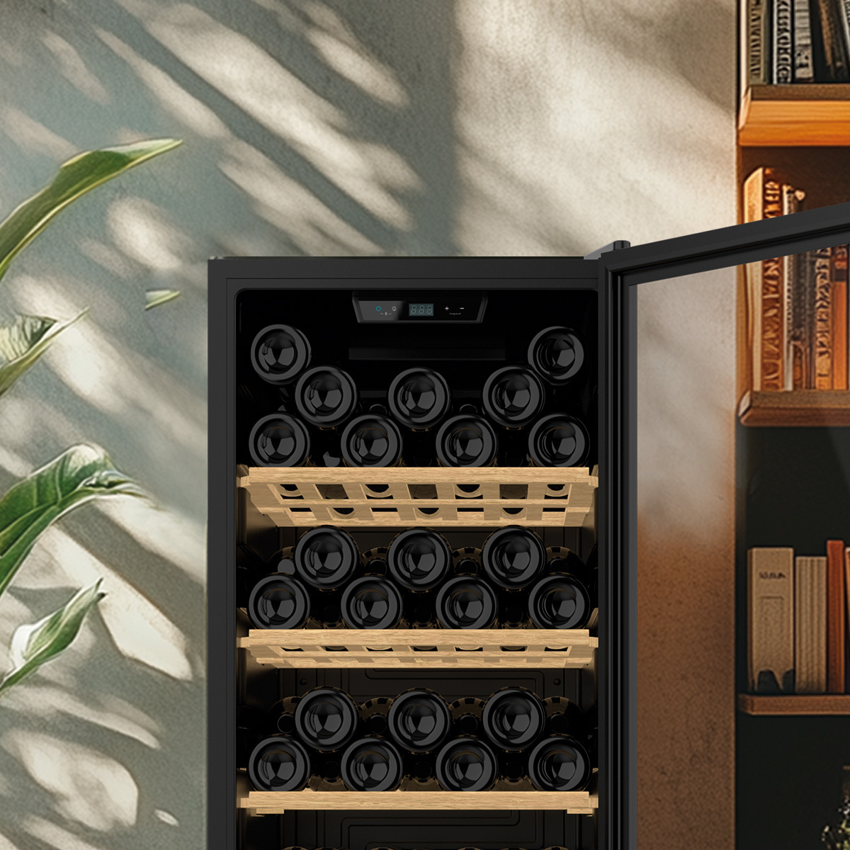 Una vinoteca abierta con estantes de madera llenos de botellas de vino, junto a una pared con sombras y una estantería.