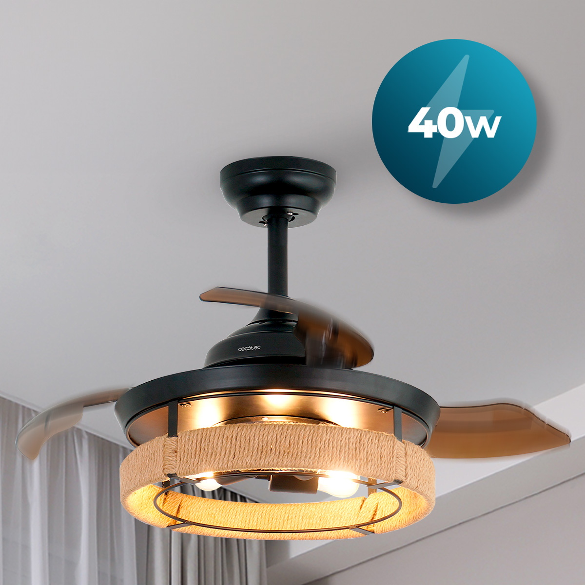 Un ventilatore da soffitto nero con lampadine accese, rivestito in corda e icona 40w.