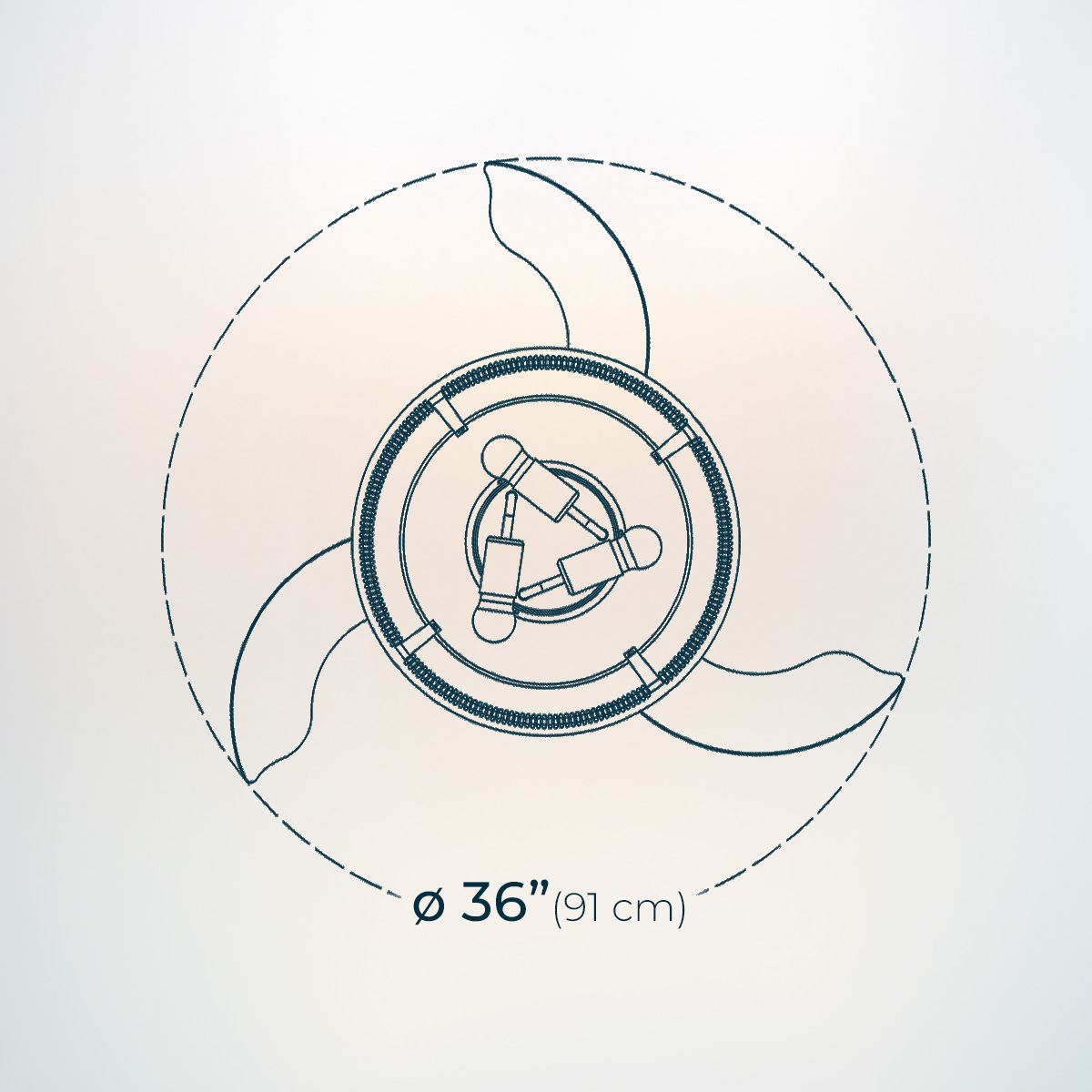 Disegno tecnico di un ventilatore da soffitto con tre luci e tre pale, diametro 36 pollici.