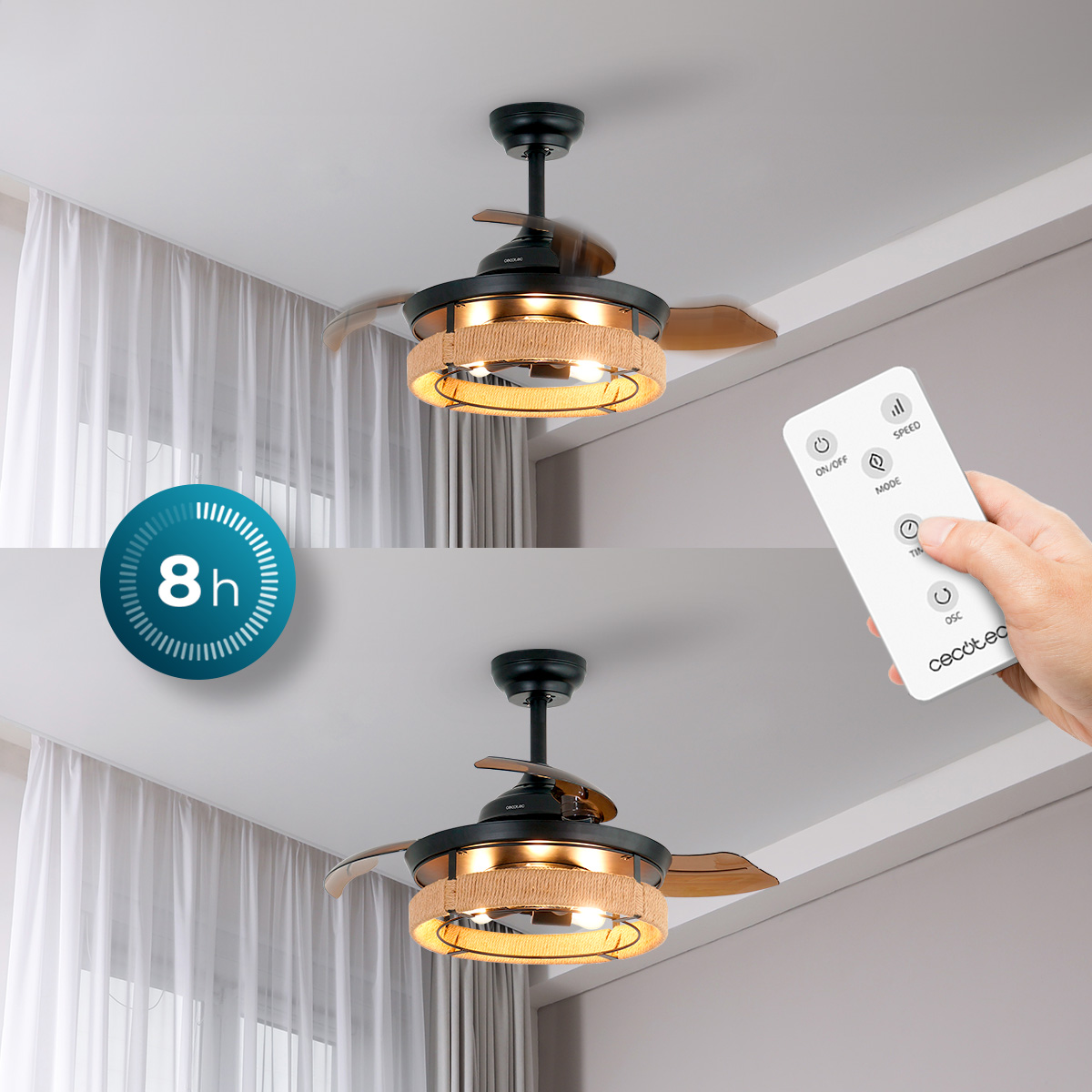 Moderno ventilatore da soffitto con luce e telecomando.