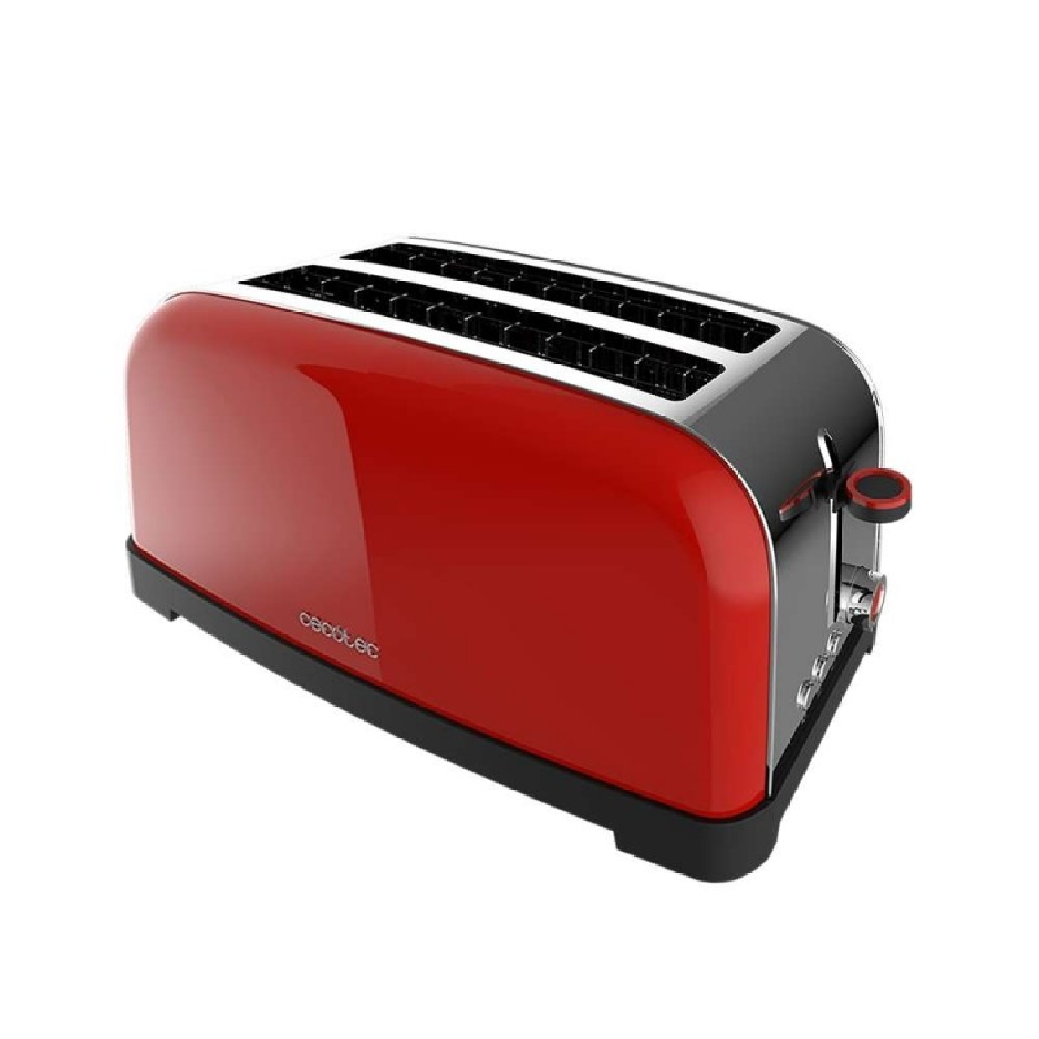 Un lungo tostapane lucido rosso e nero con due fessure e dettagli argentati su uno sfondo bianco.