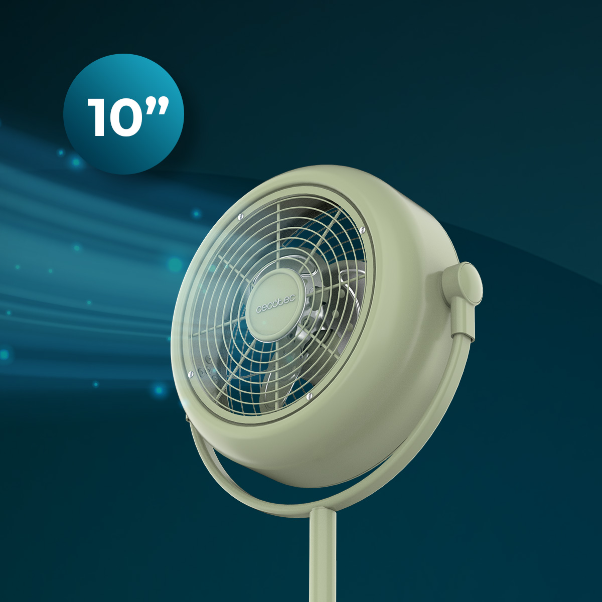 Un ventilatore a piantana verde chiaro da 10 pollici su sfondo scuro con effetti di luce blu.