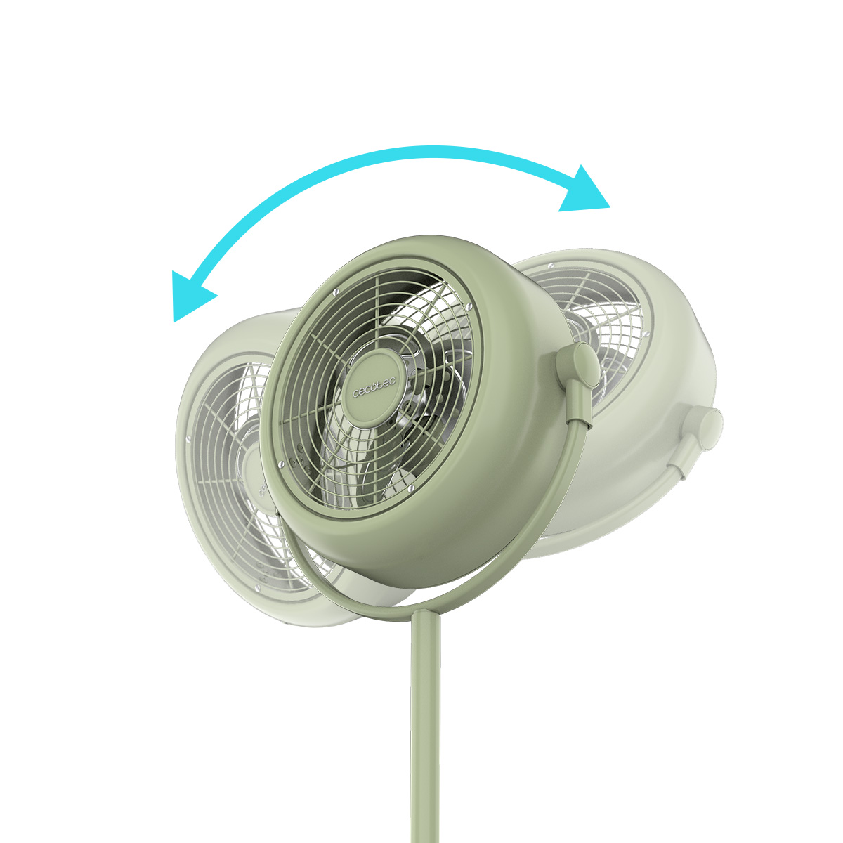 Ventilatore a piantana oscillante verde chiaro con frecce azzurre che indicano la rotazione su sfondo bianco.