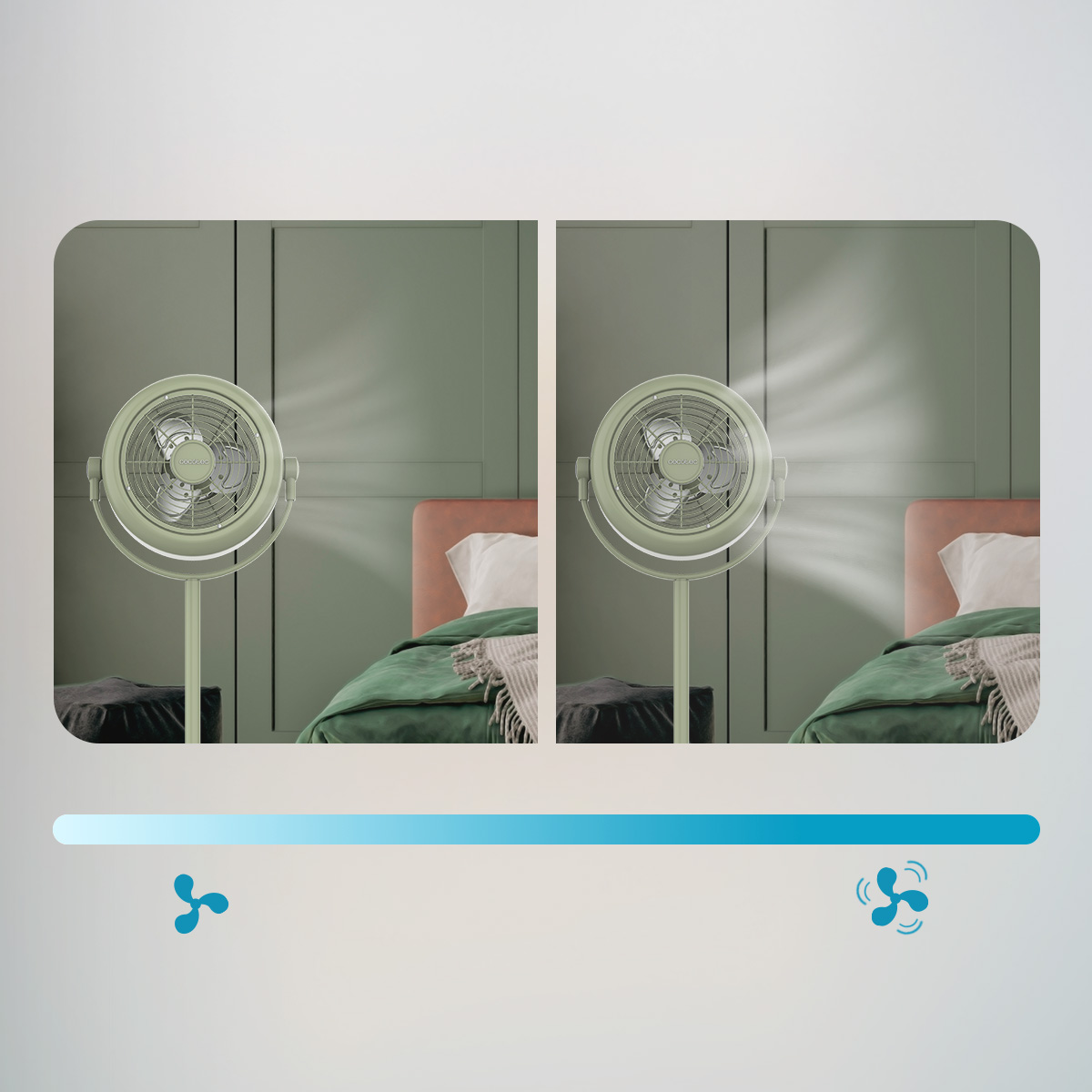 Confronto di due ventilatori in camera da letto con diverse intensità di flusso d'aria.