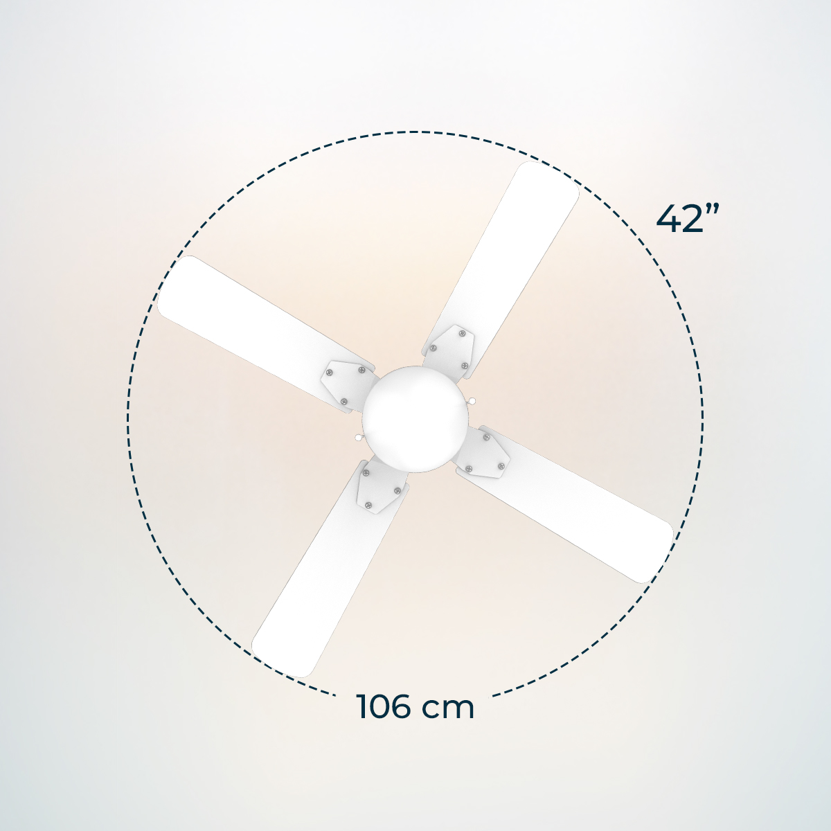 Schema di un ventilatore da soffitto bianco a quattro pale con diametro di 106 cm o 42 pollici.