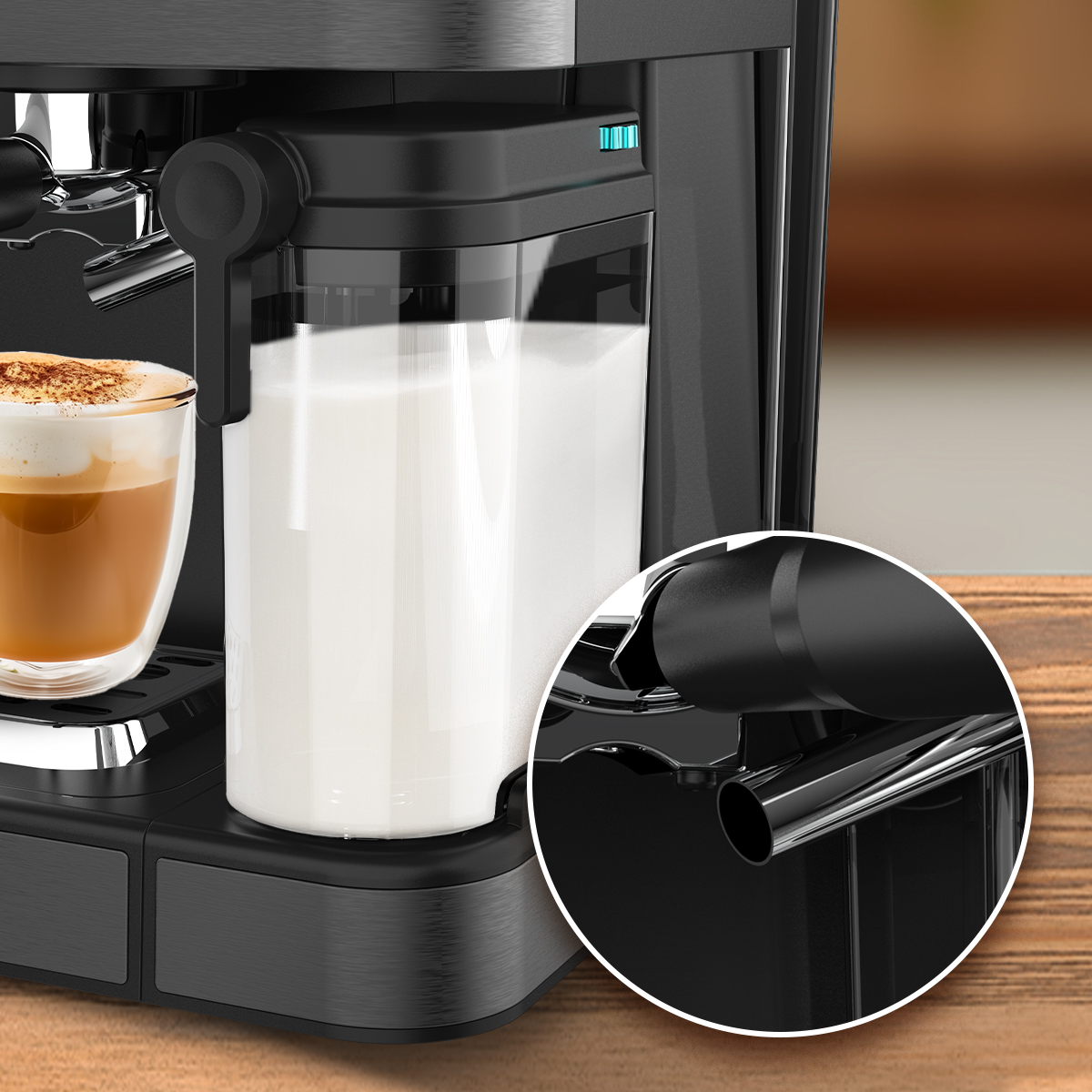 Una cafetera negra con vaso de capuchino y tanque de leche, con vista de boquilla ampliada.