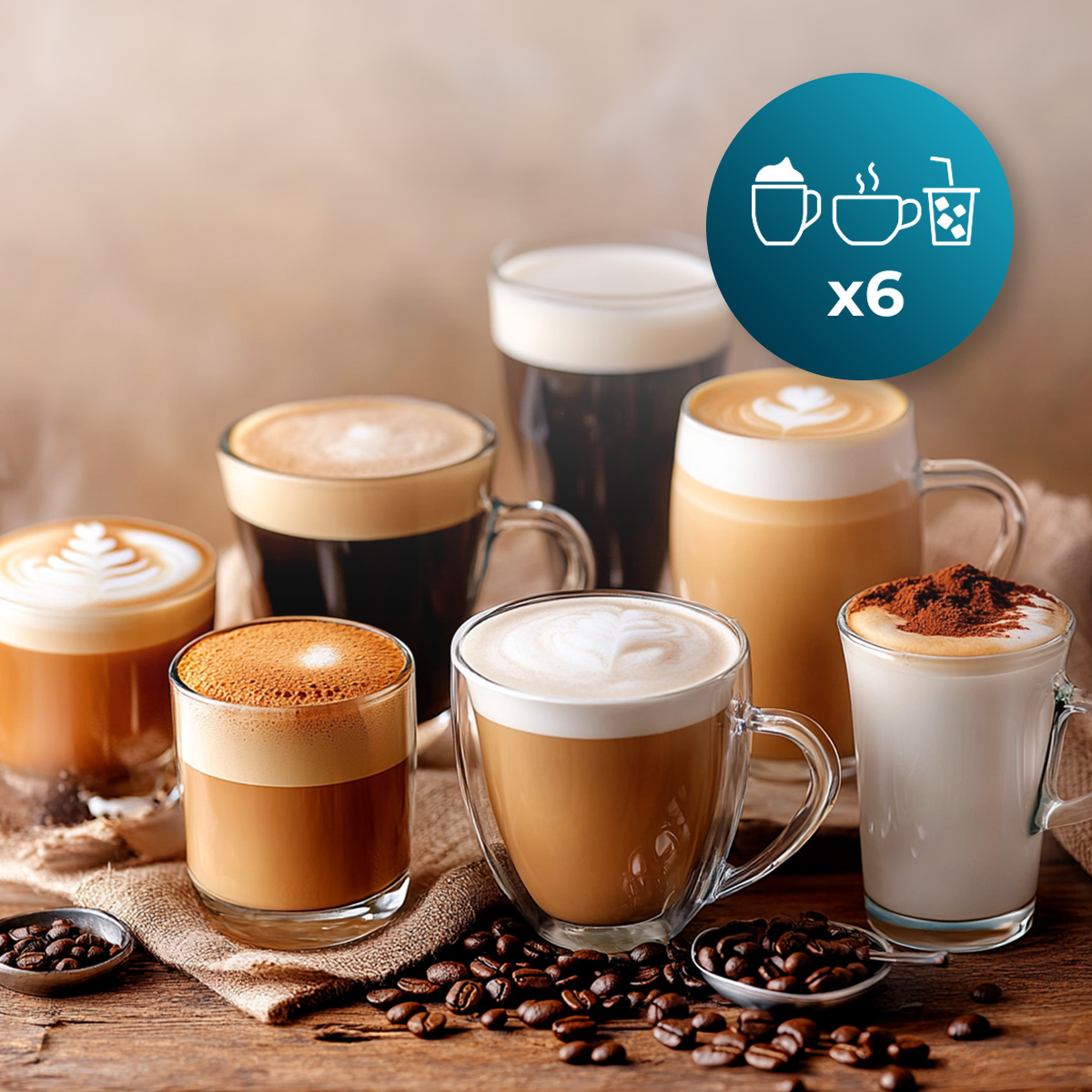 Seis diversas bebidas de café en madera con granos, un icono azul en la esquina superior derecha.