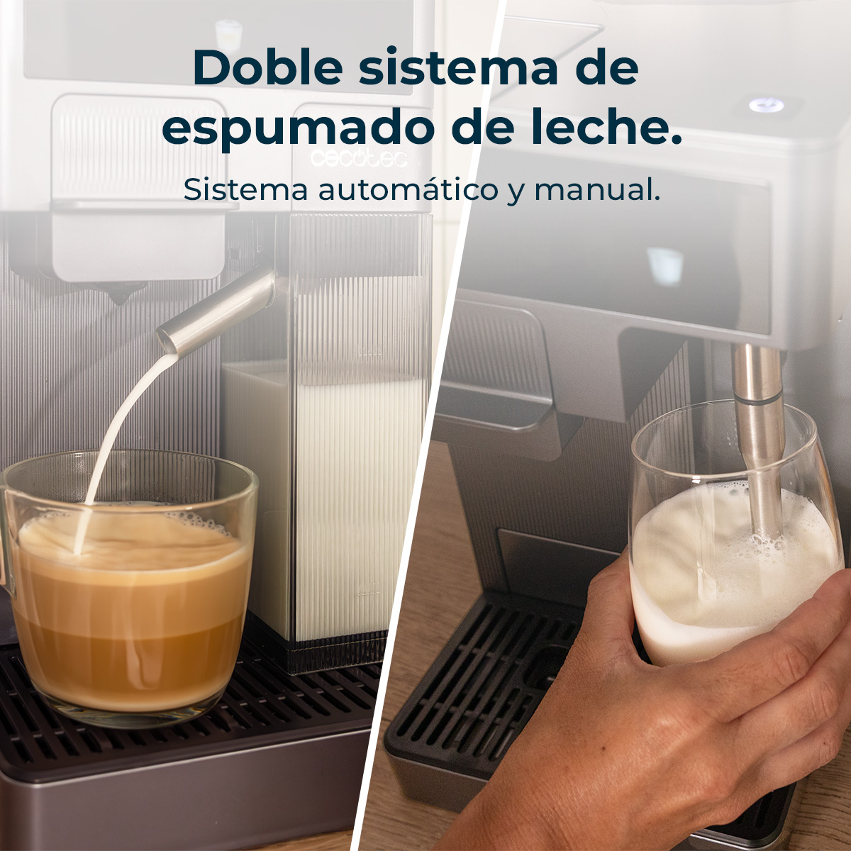 Cafetera con sistemas de espumado de leche automático y manual vertiendo leche en vasos.