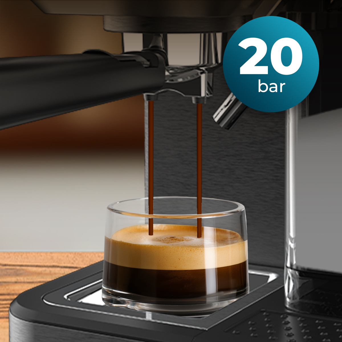 Un espresso se vierte desde una cafetera en un vaso con crema. Un círculo azul indica 20 bar.