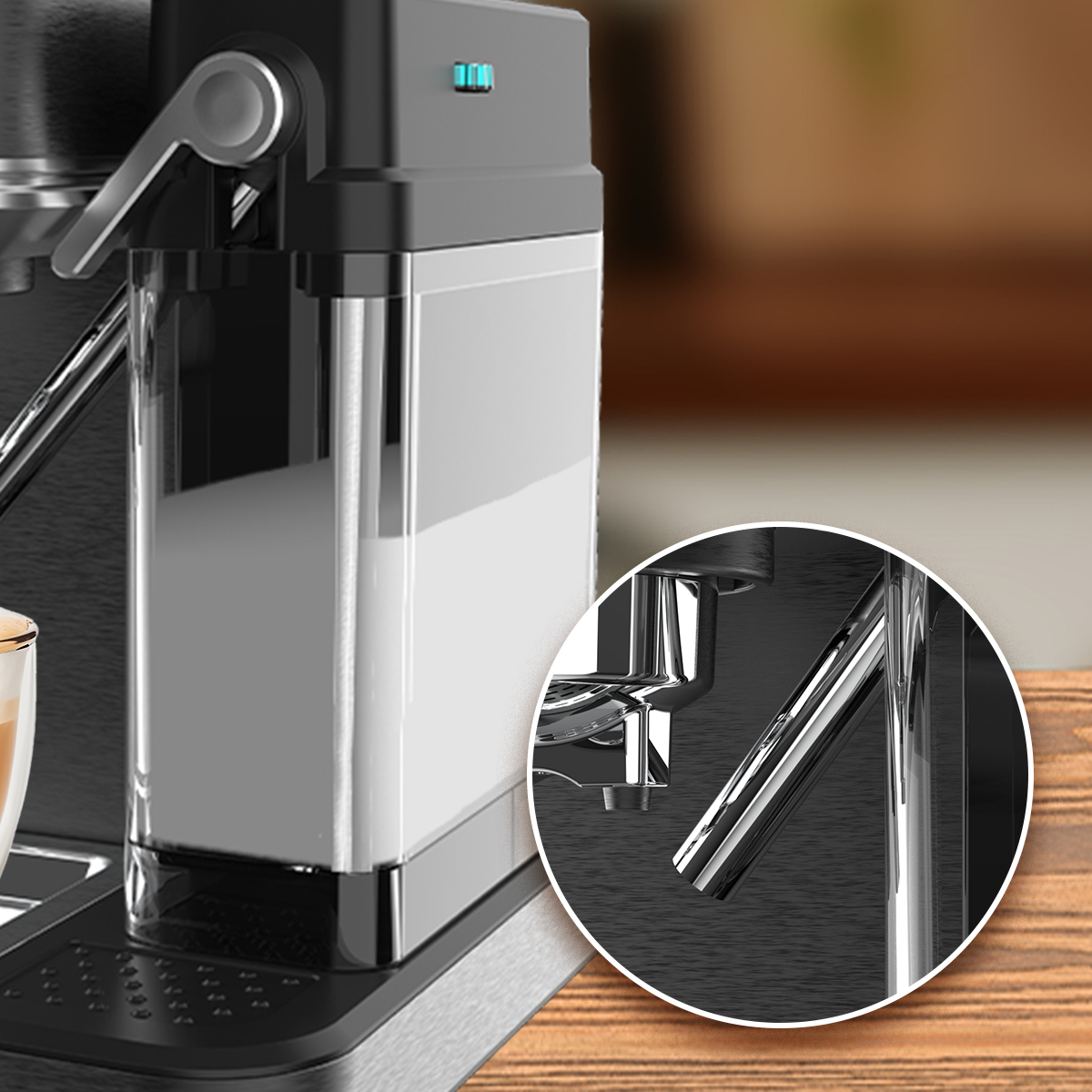 Cafetera moderna con recipiente de leche, un recuadro circular muestra un detalle de la boquilla.