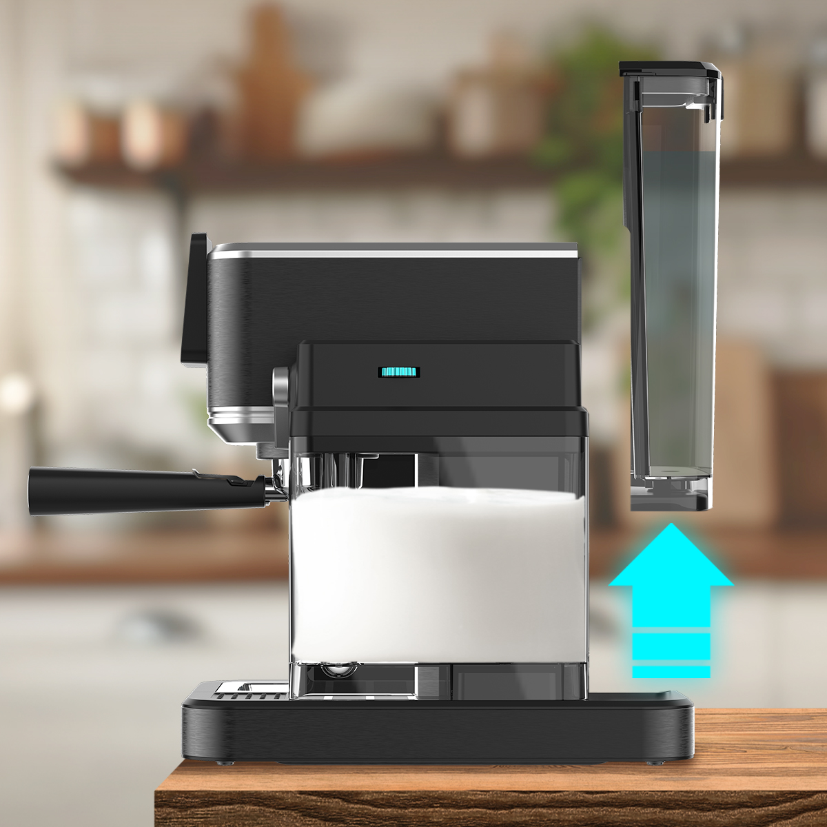 Cafetera espresso negra con depósito de agua extraíble que se mueve hacia arriba, indicado por una flecha azul.