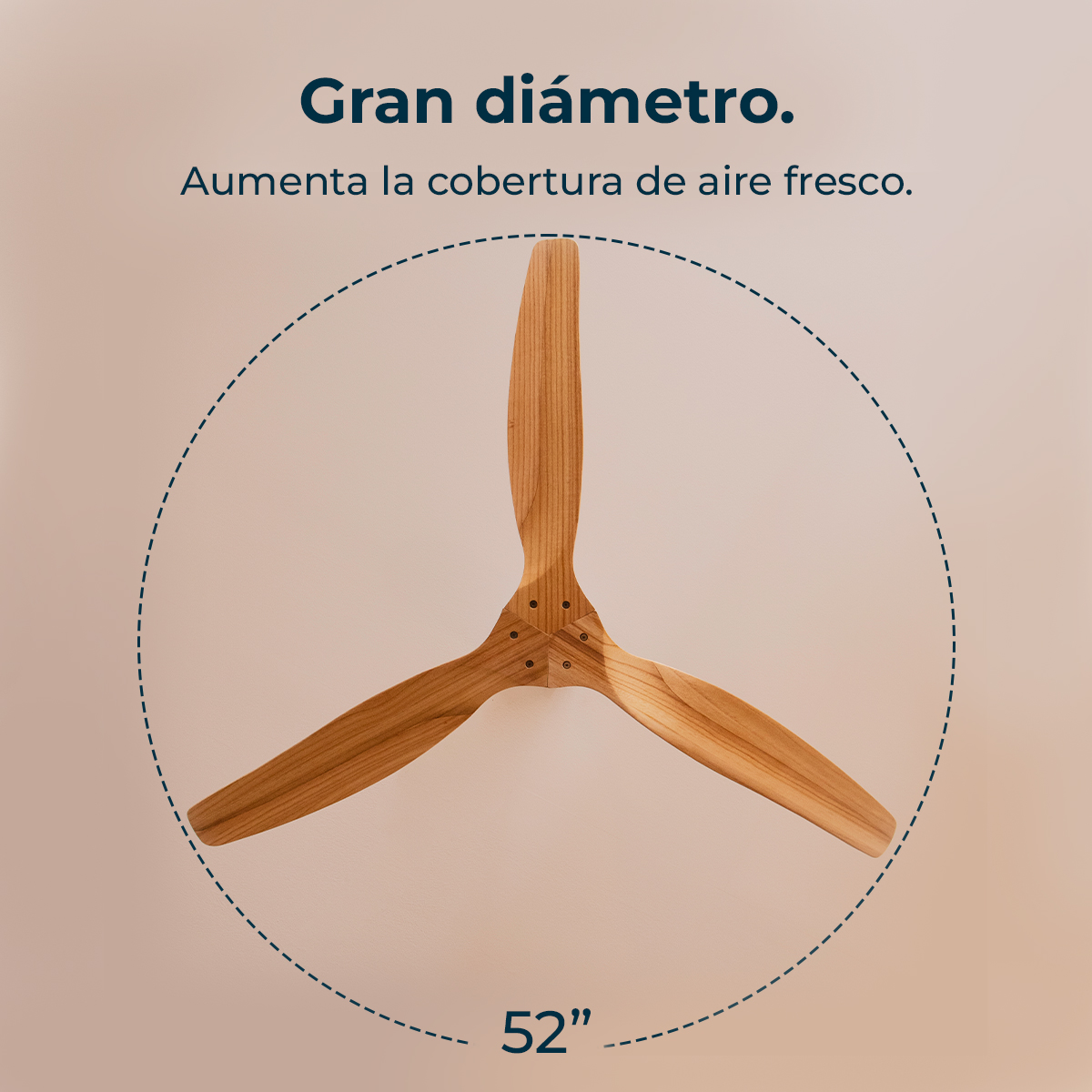Un ventilador de techo de madera de 52 pulgadas con tres aspas sobre una pared, con texto sobre su gran diámetro.