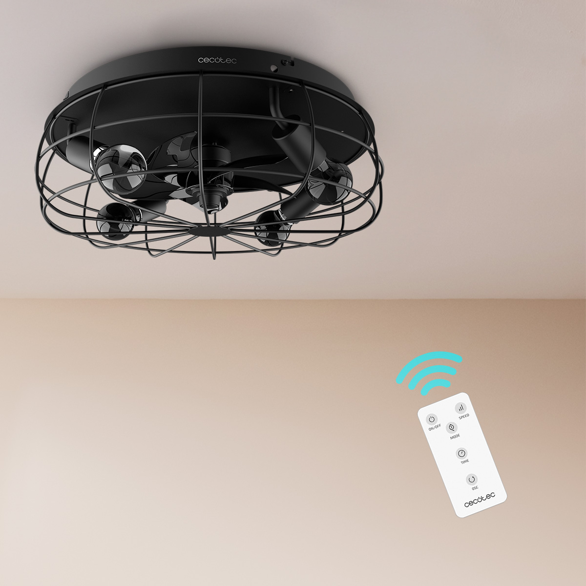 Una lampada da ventilatore da soffitto in stile industriale nero con gabbia protettiva e telecomando.