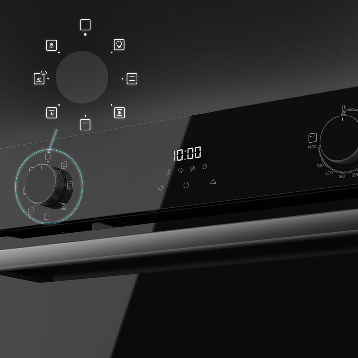 Un panel de control de horno negro con pantalla digital que muestra 10:00, iconos brillantes y diales.