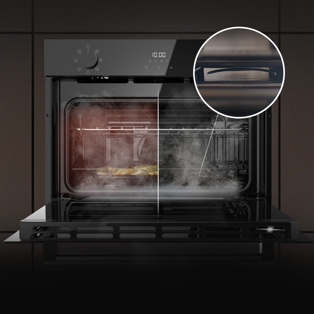 Horno negro abierto con vapor y un primer plano del depósito de agua arriba a la derecha.