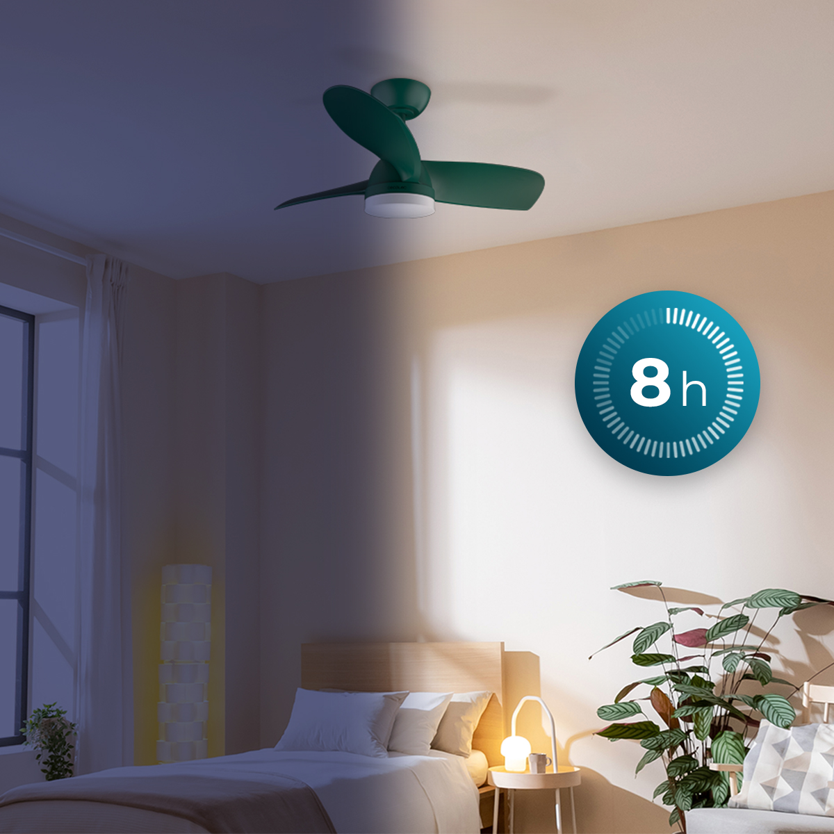 Grüner Deckenventilator im Schlafzimmer mit Timer-Symbol für 8 Stunden an der Wand.