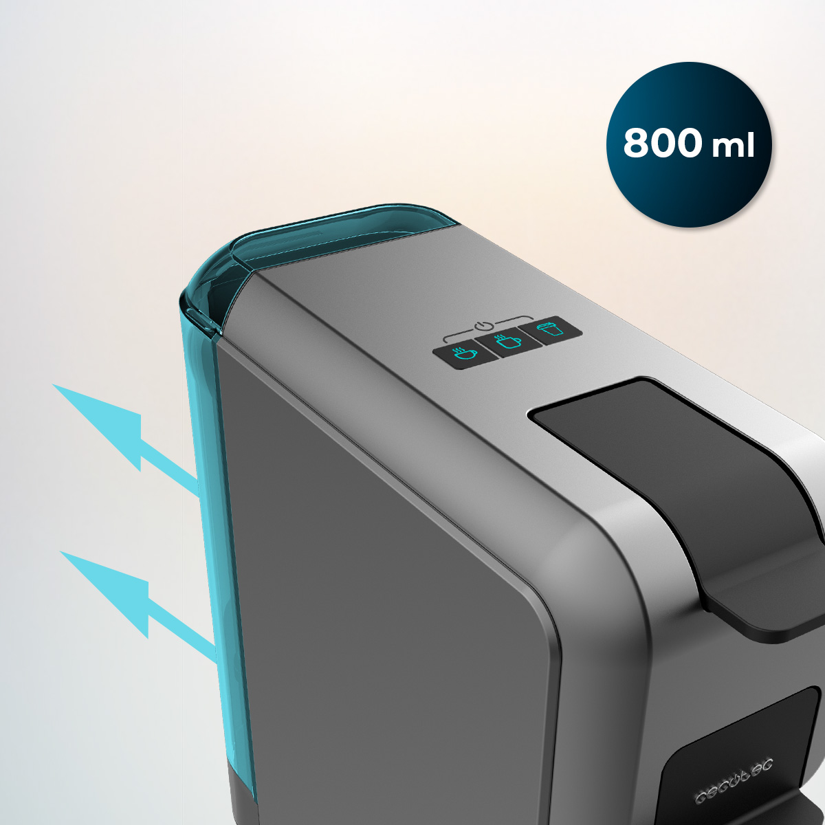 Szary ekspres do kawy z turkusowym zbiornikiem na wodę, przyciskami i pojemnością 800 ml.