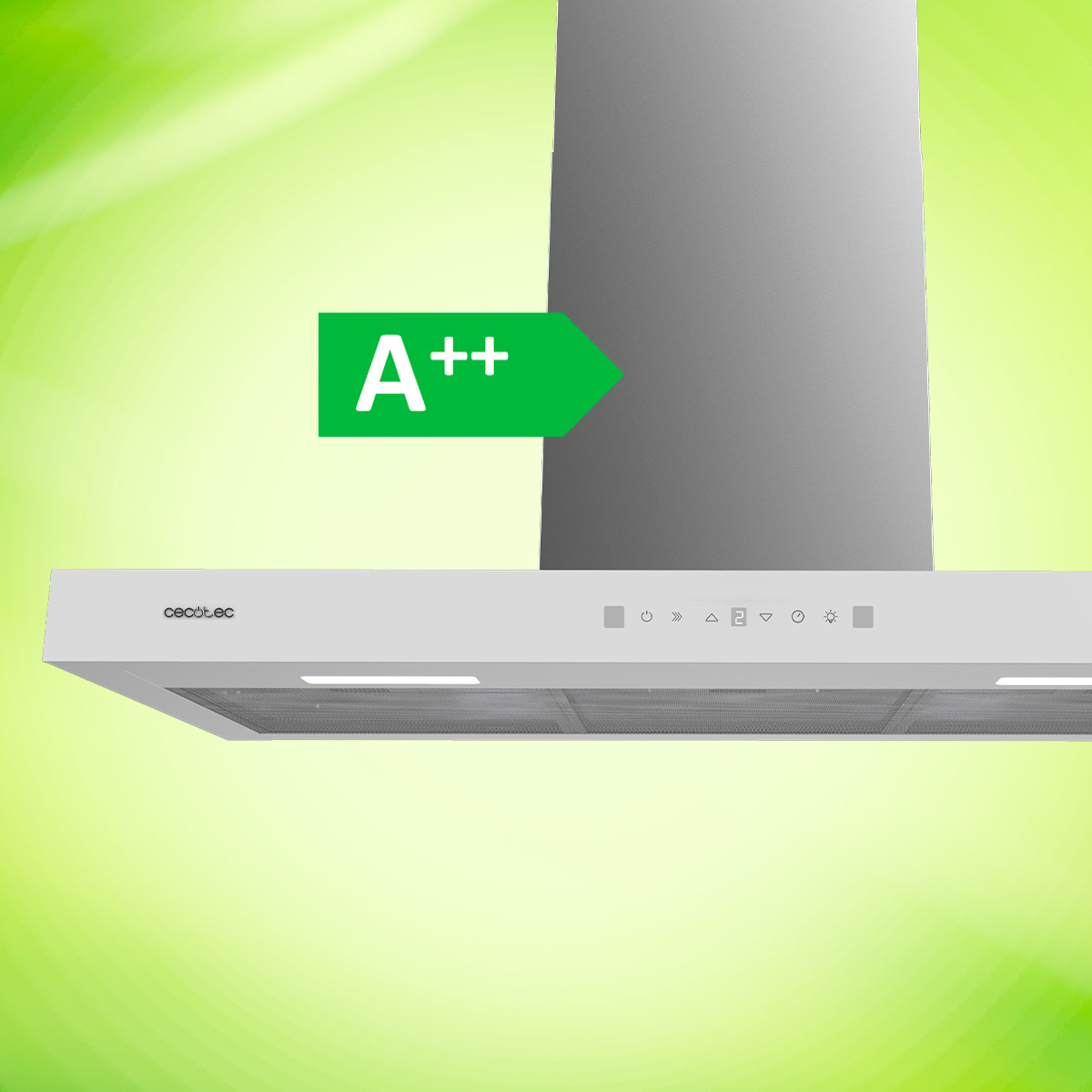 Una campana extractora de acero inoxidable con etiqueta de eficiencia energética A++ sobre fondo verde.